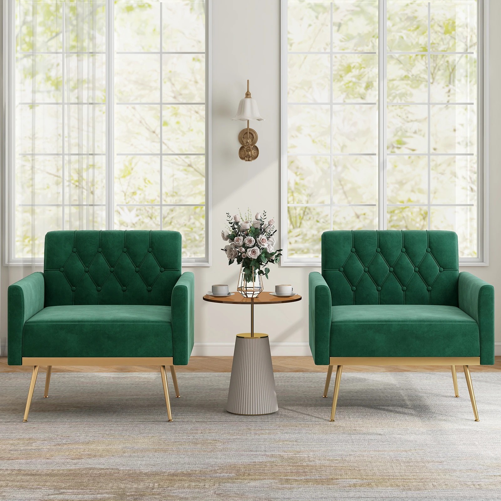 2 Costway Modern Accent Armchair Velvet Sofa Chair w/Button Tufted Back & Golden Metal Legs - Green, 2 of 5