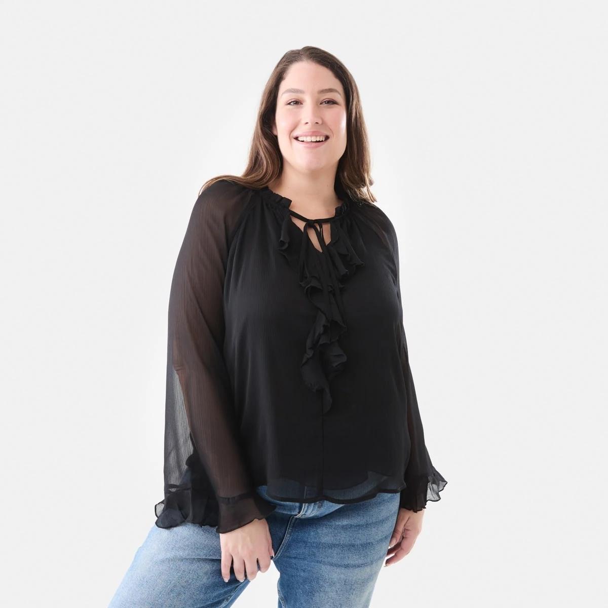 1 Long Sleeve Frill Blouse Black, 1 of 6