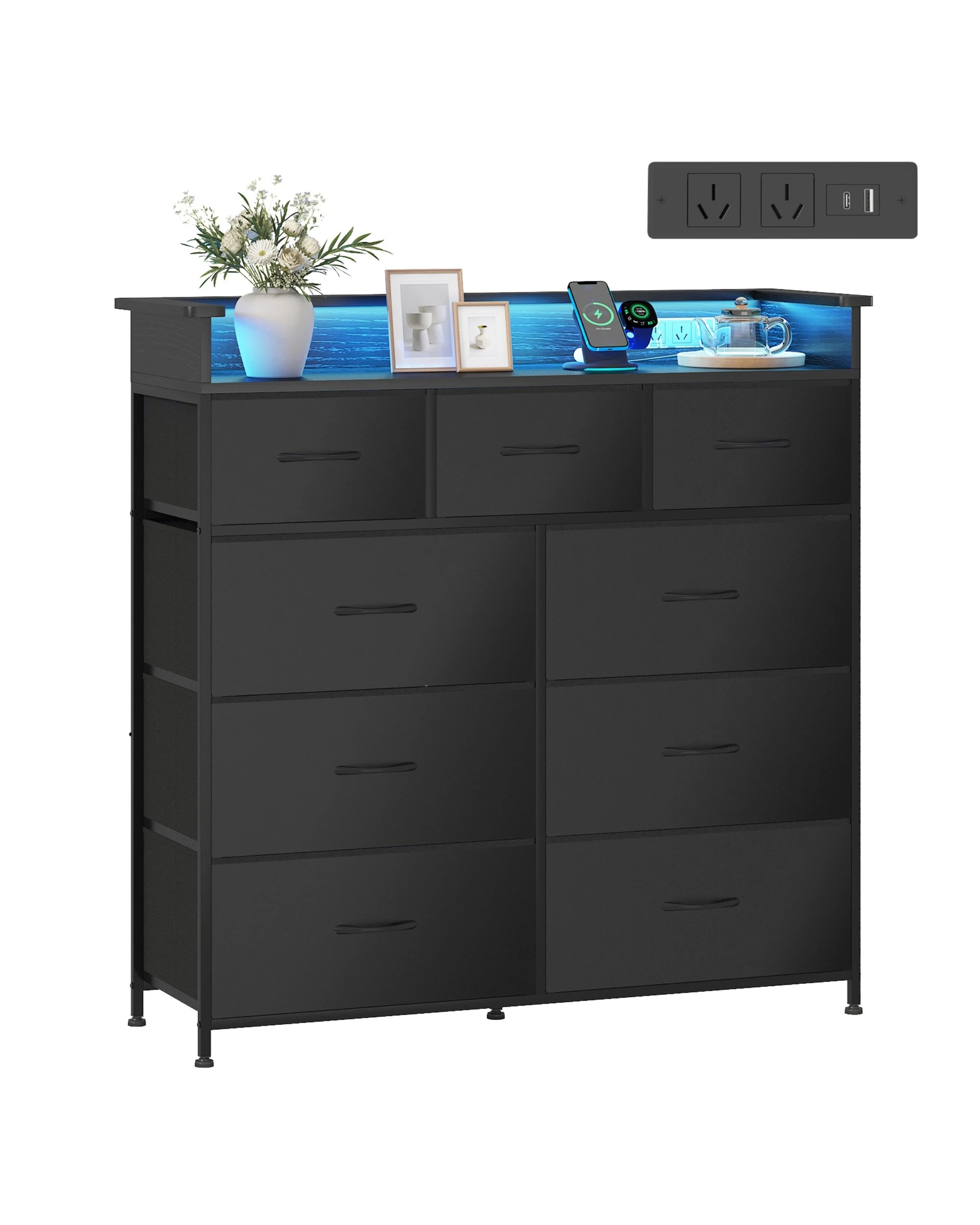 7 Advwin 9 Drawers Dresser with Open Shelf Storage Charging Station & LED Lights - Black, 7 of 8
