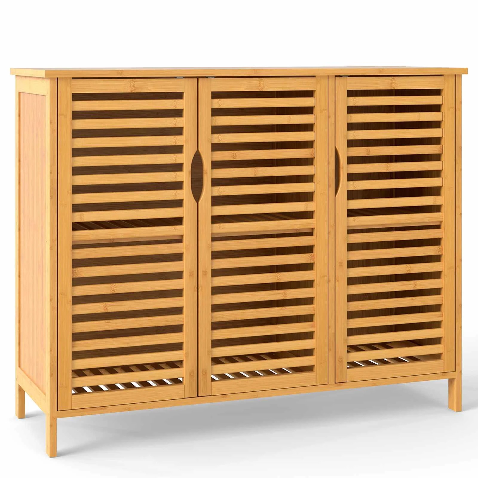 1 Costway Bamboo Bathroom Cabinet 3-Door Storage Organizer Freestanding Storage Unit, 1 of 4