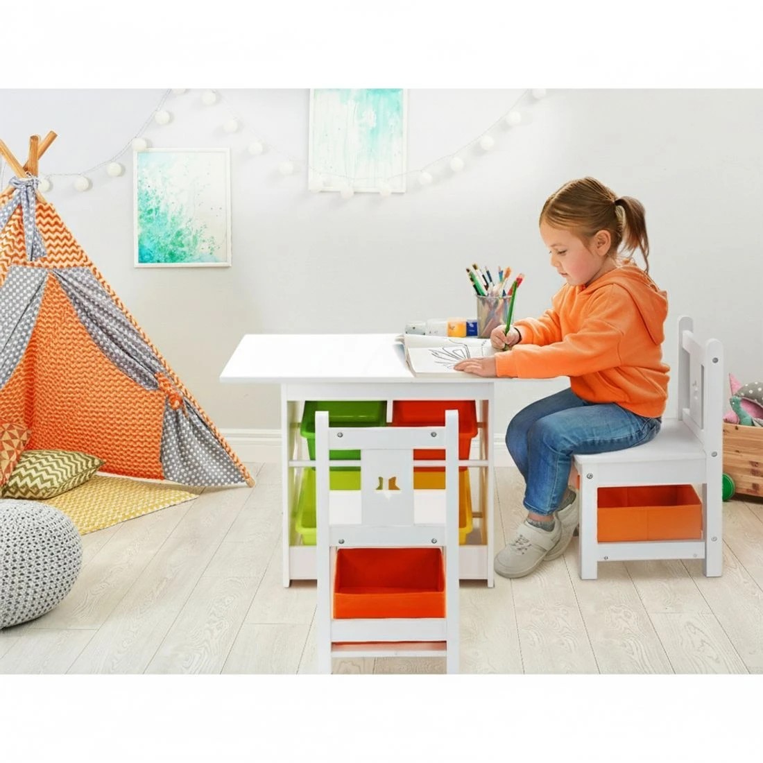 3 Keezi 3PCS Kids Table and Chairs Set Children Furniture Play Toys Storage - Multi, 3 of 5