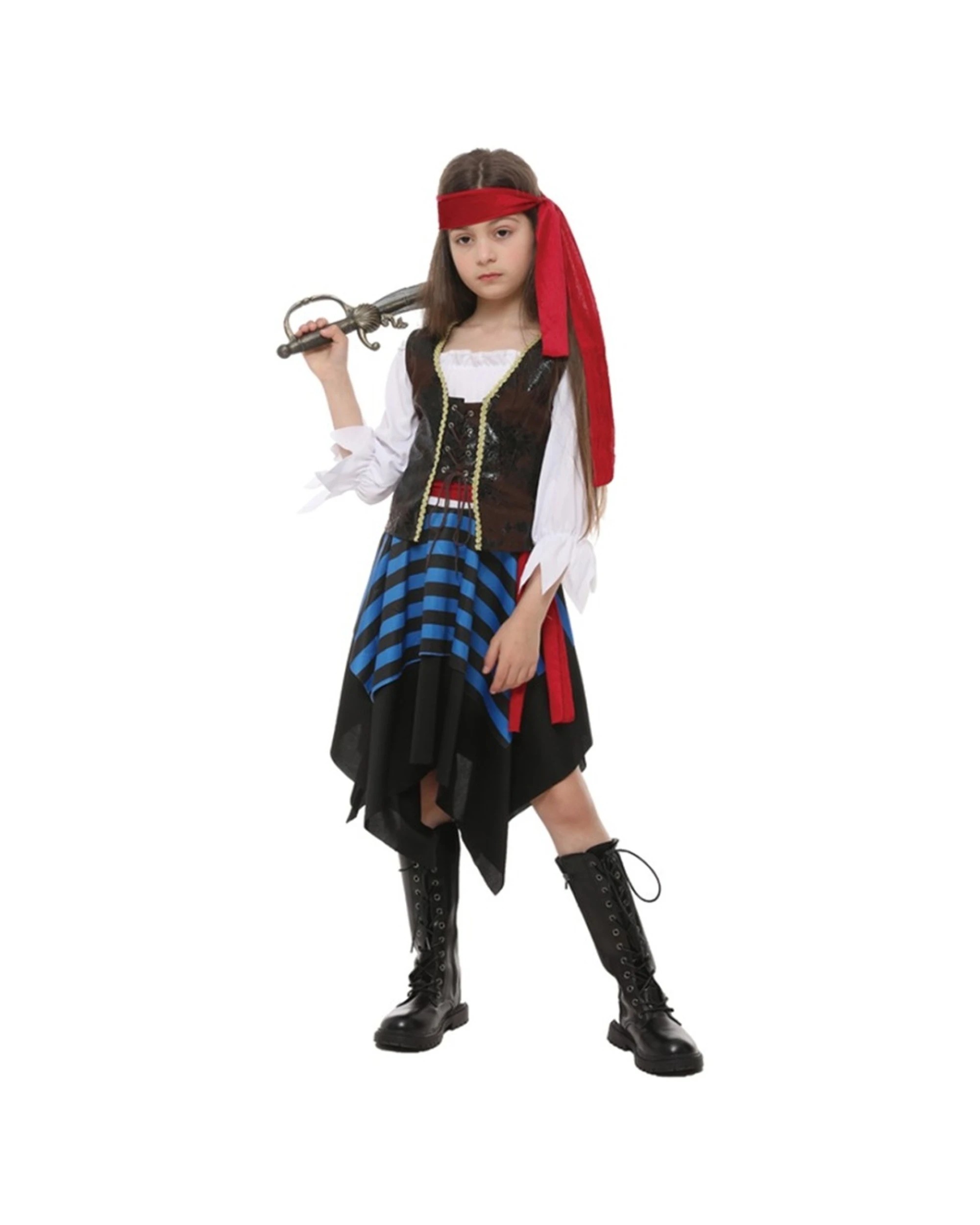 1 Oceana Large Girl Pirate Costume With Headscarf Shirt Vest Skirt Belt Kids L - Multi, 1 of 1