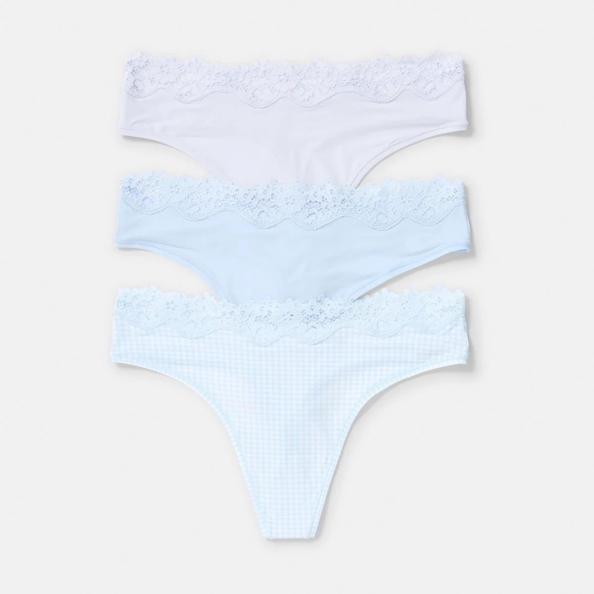 1 3 Pack Super Soft Lace G-String Briefs MINI CHECK, WINDY BLUE, HALOGEN BLUE, 1 of 8