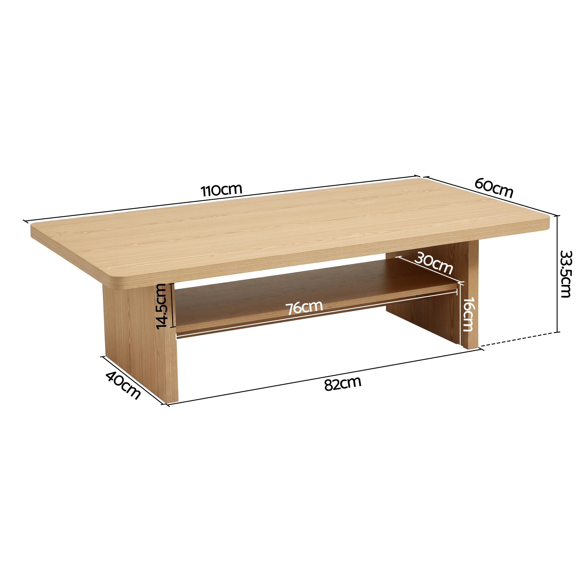 3 Artiss Table 110cm Center Table with 2-Tier Open Storage Shelf Safe Round Corner Wood - Natural, 3 of 7