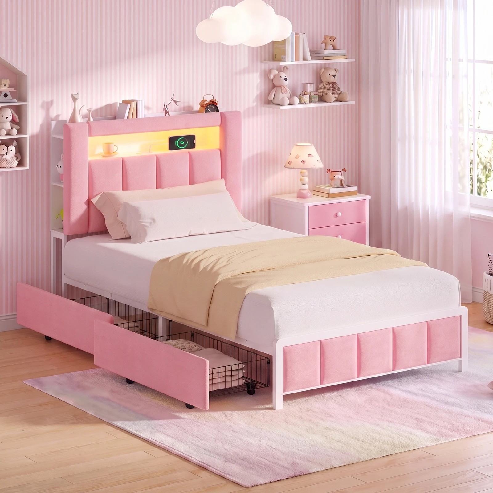 2 Advwin Kingsingle Bed Frame with LED Shelves and Charging Station - Pink, 2 of 7