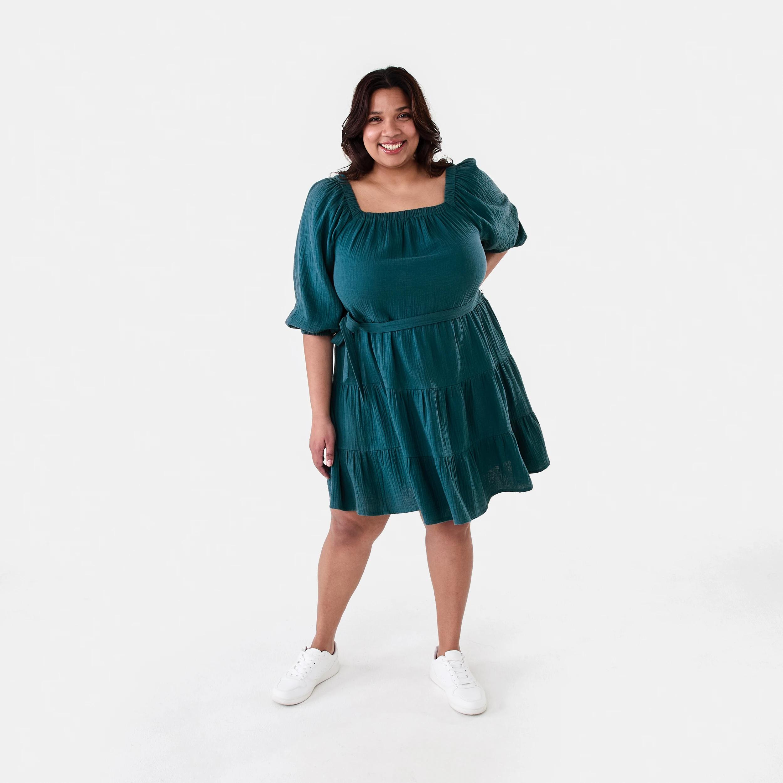 8 Curve Short Sleeve Tiered Double Cloth Midi Dress Teal Coral, 8 of 8