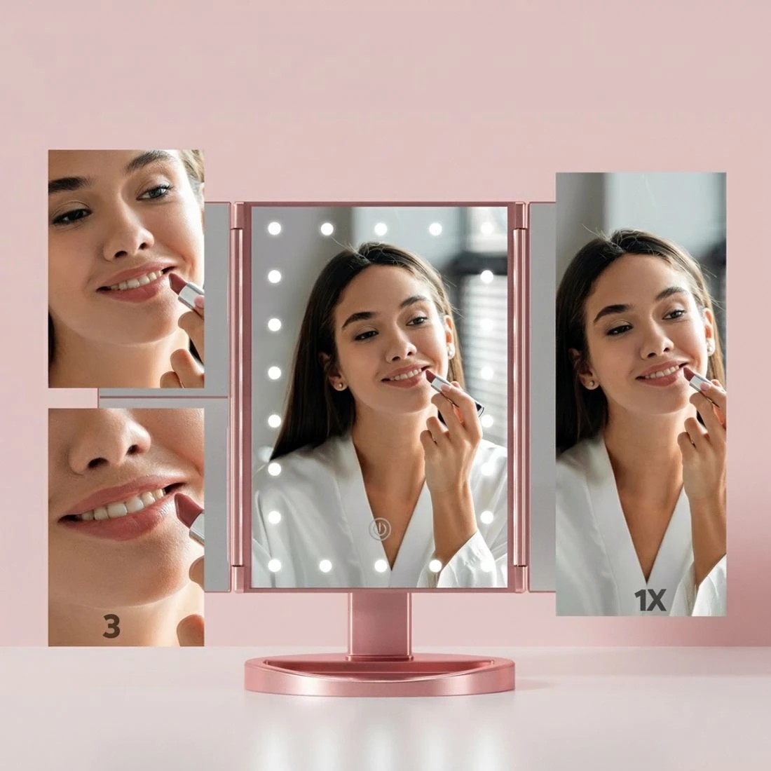 4 Embellir Tri-fold Makeup Mirror 1X2X3X Magnifying with LED Light Travel Portable - Pink, 4 of 6