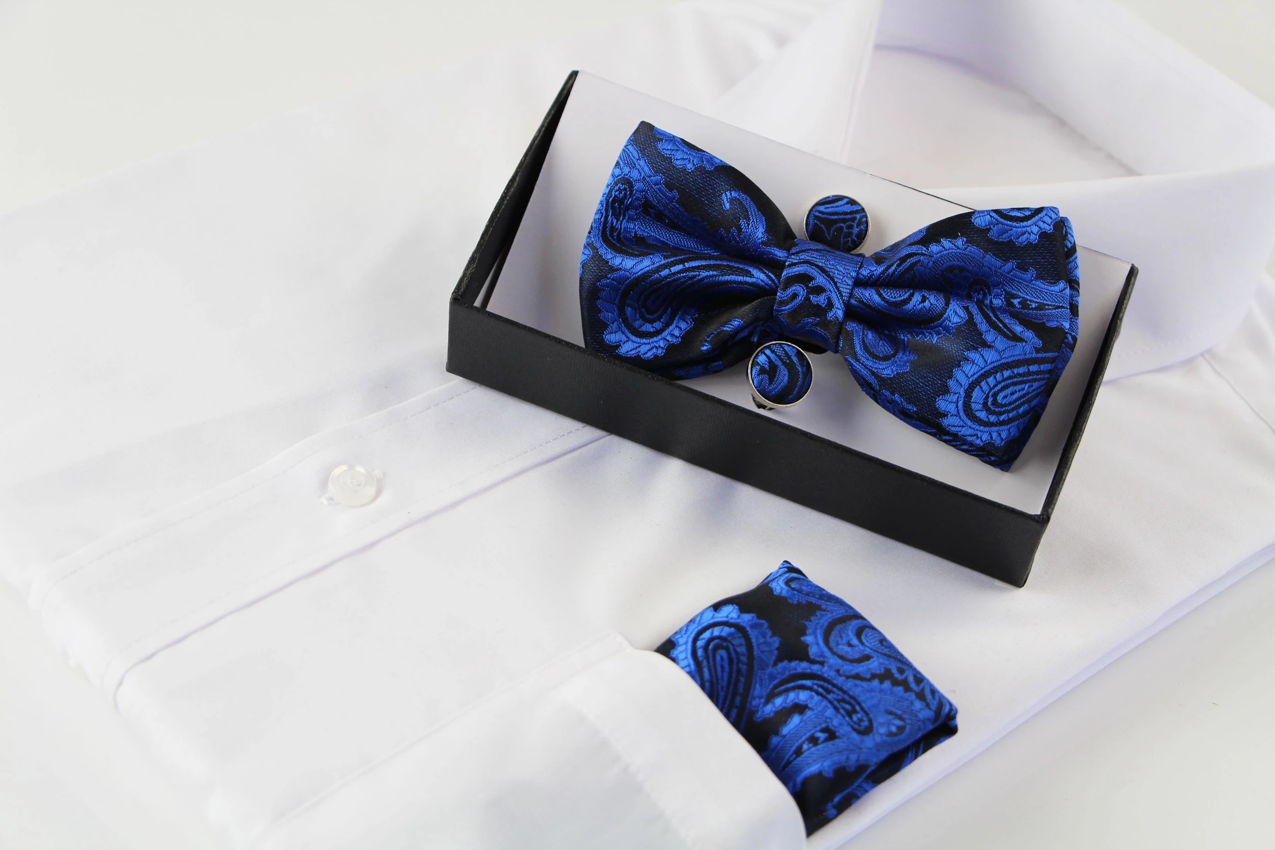 1 Zasel Mens Paisley Matching Bow Tie, Pocket Square & Cuff Links Set - Blue, 1 of 1