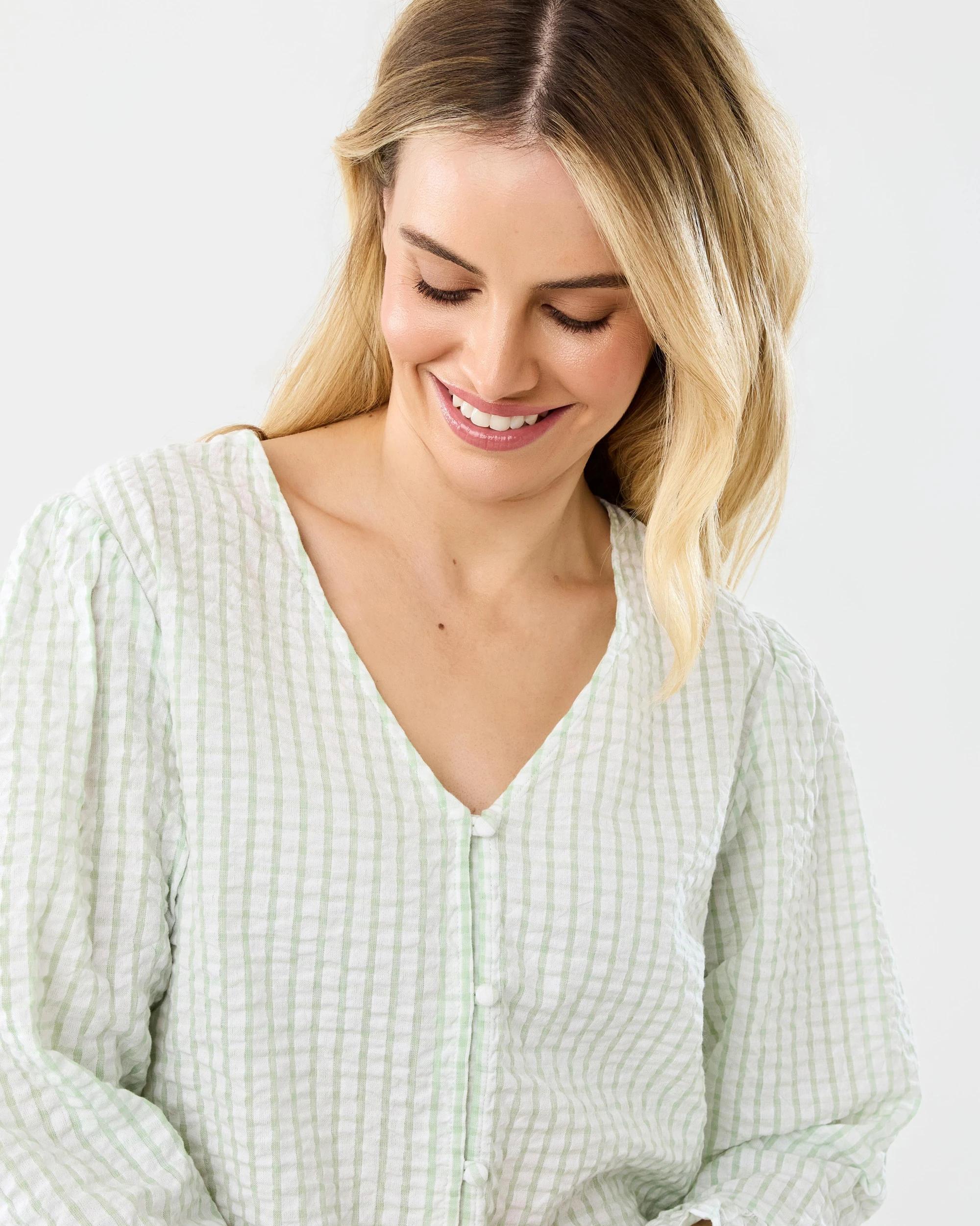 4 Yarn Dyed Cotton Seersucker Woven Frill Pyjama Set Gingham, 4 of 9