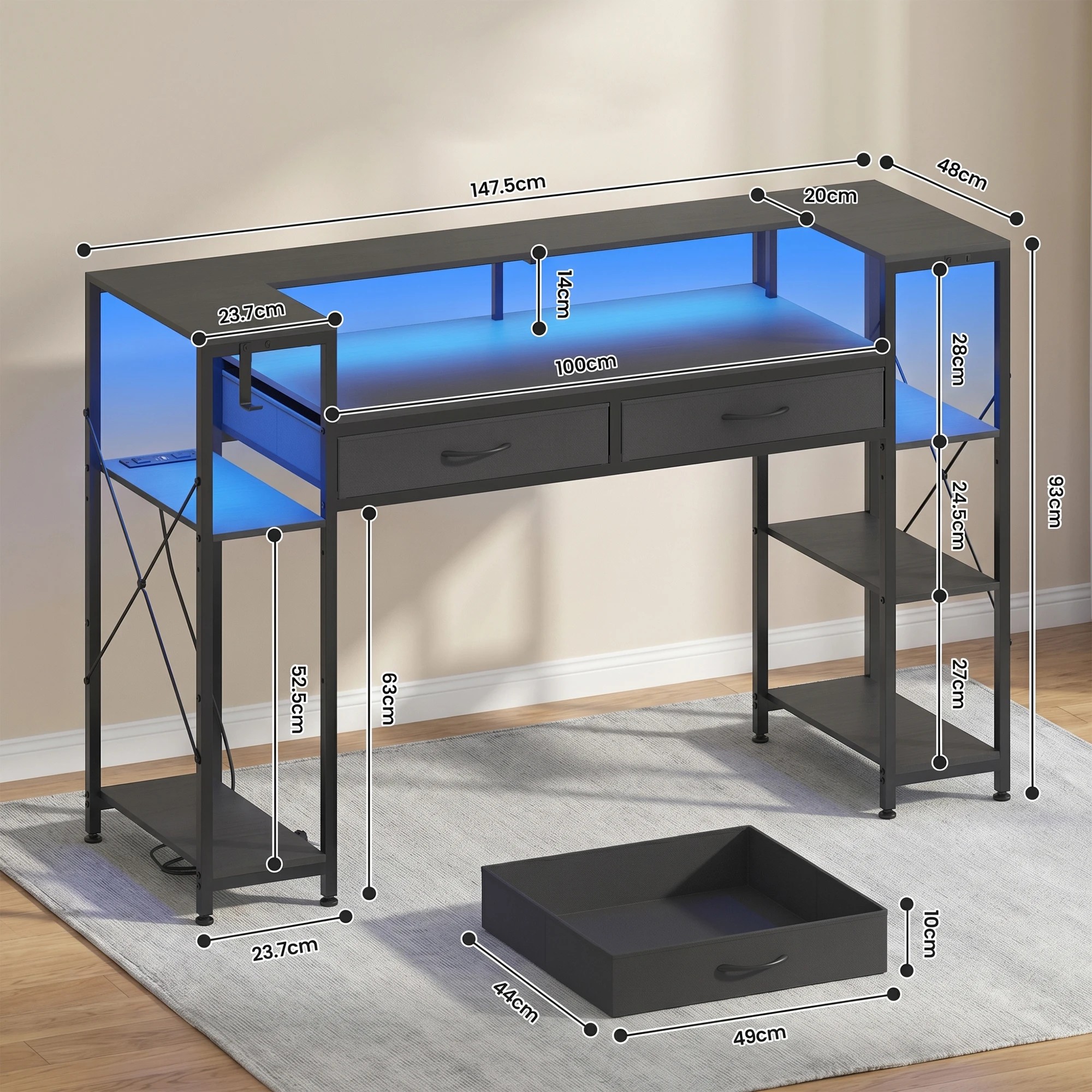 2 Advwin LED Gaming Desk w/ Monitor Stand & Power Outlets  Computer Table w/ Shelf hook - Black, 2 of 9