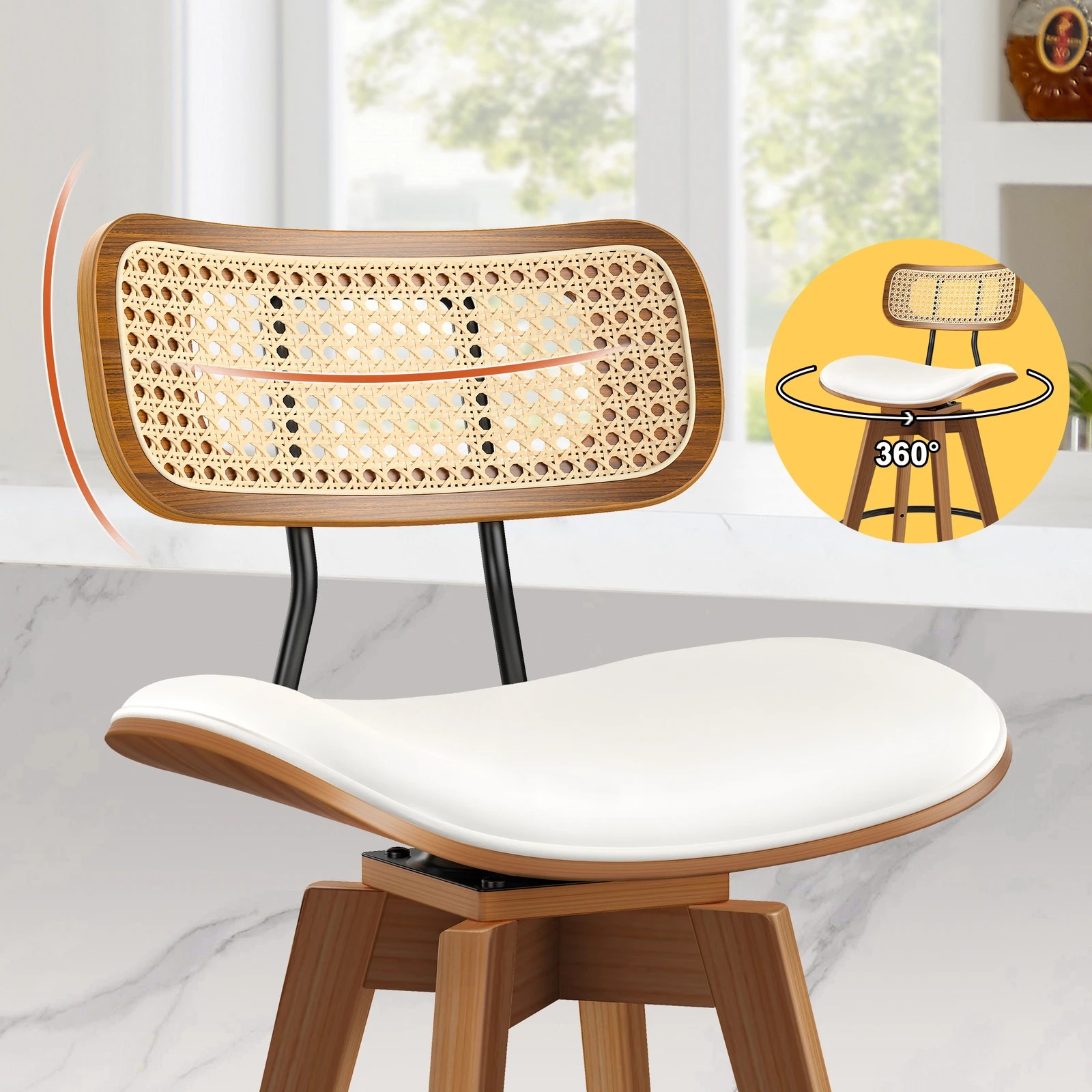 3 Alfordson 2x Bar Stools Kitchen Vintage Leather Seat Rattan Chair - White, 3 of 9