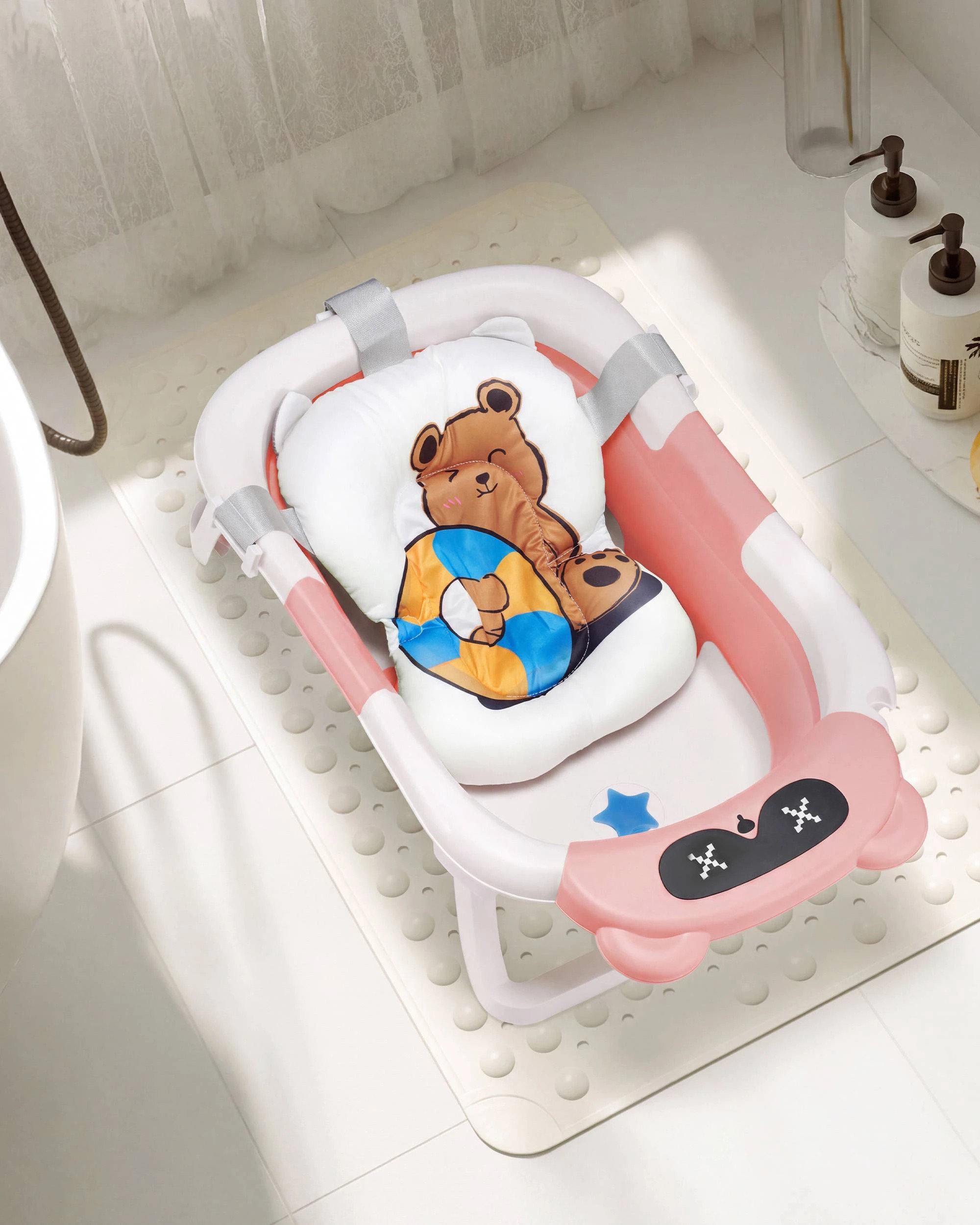 2 Playpals Collapsible Baby Bathtub with Thermometer Travel Newborn Tub Pink, 2 of 9