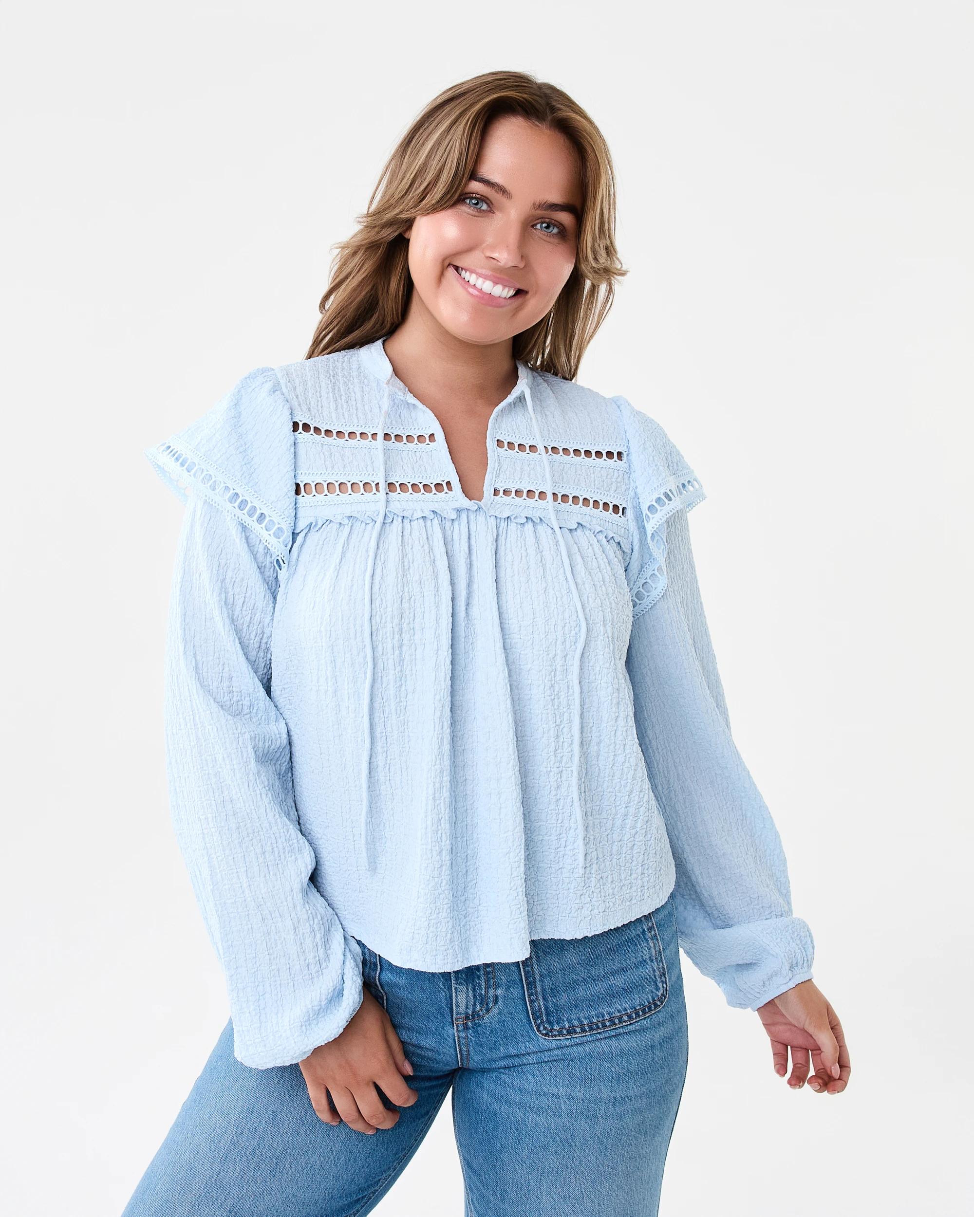 2 Long Sleeve Ruffle Detail Top Powd Blue, 2 of 7