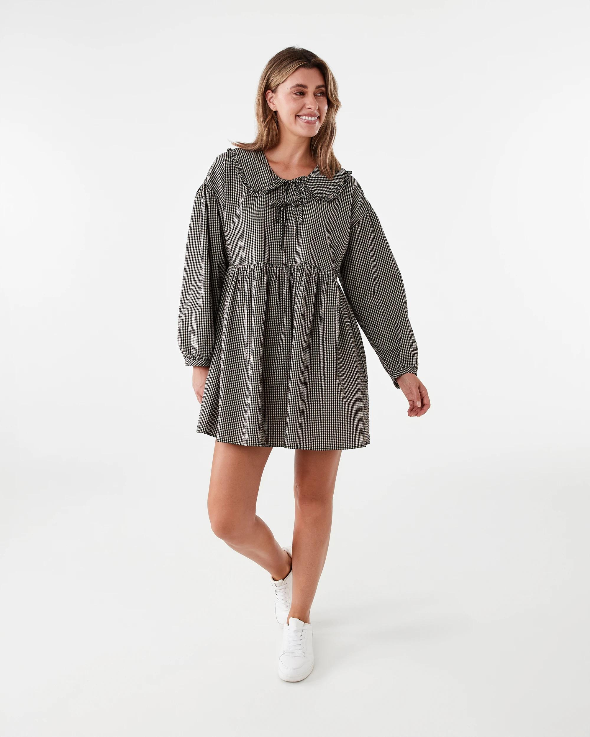 8 Long Sleeve Collared Mini Dress Black Ging, 8 of 8