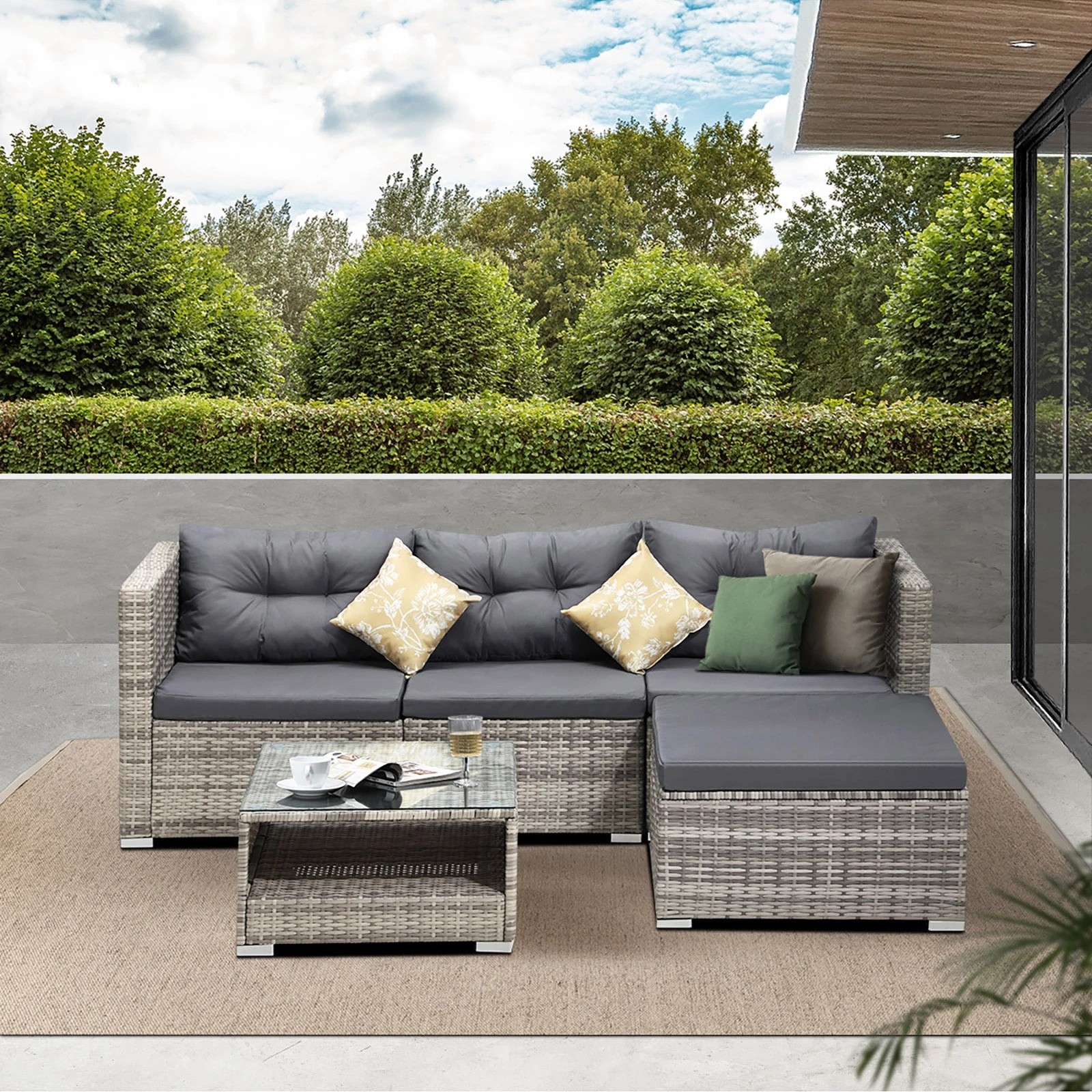 9 Livsip Outdoor Lounge Setting 5pc Wicker Sofa Set Rattan Patio Garden Furniture
 - Grey, 9 of 9