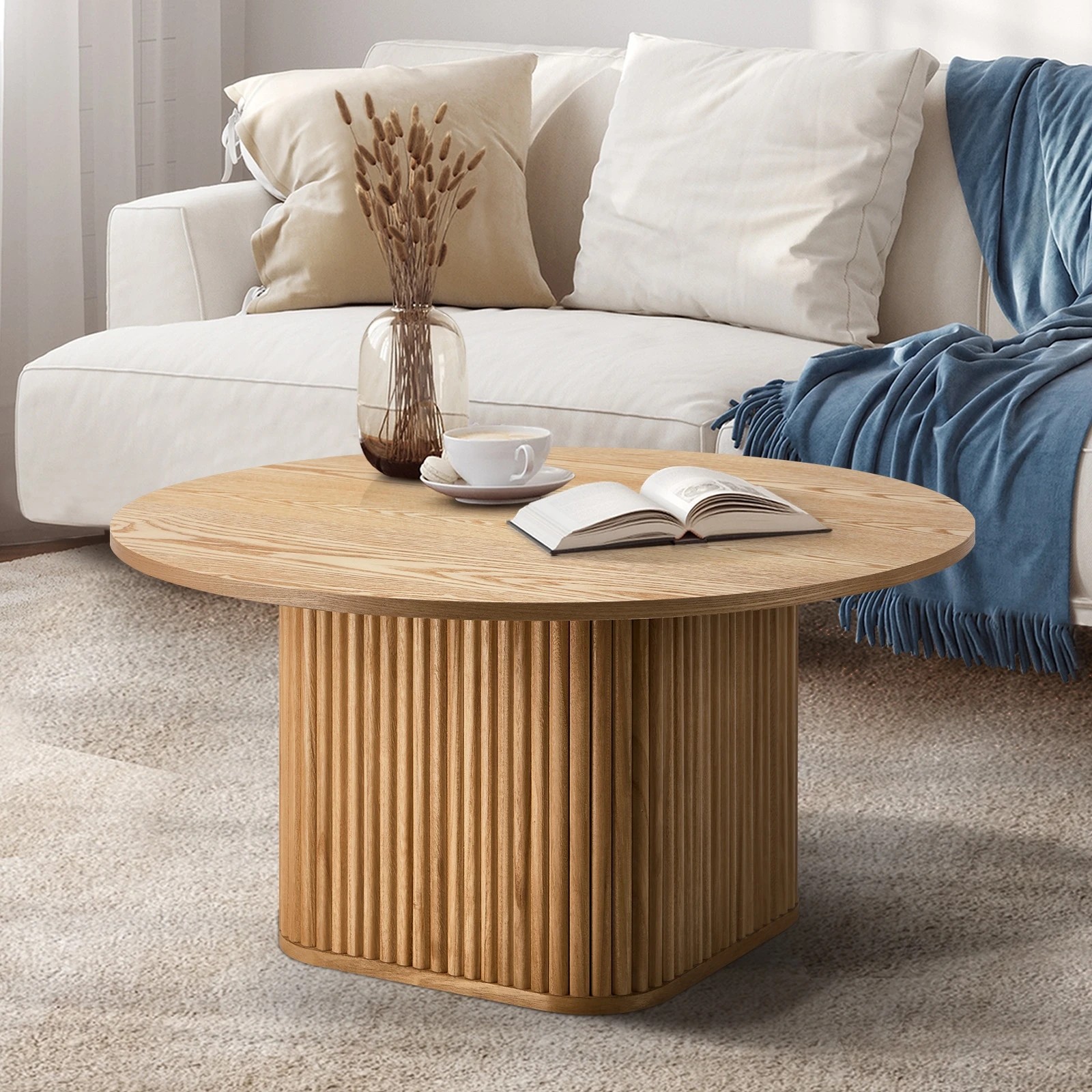 3 Oikiture Coffee Table Side End Tables Sofa Desk Round Wooden Furniture - Natural, 3 of 9