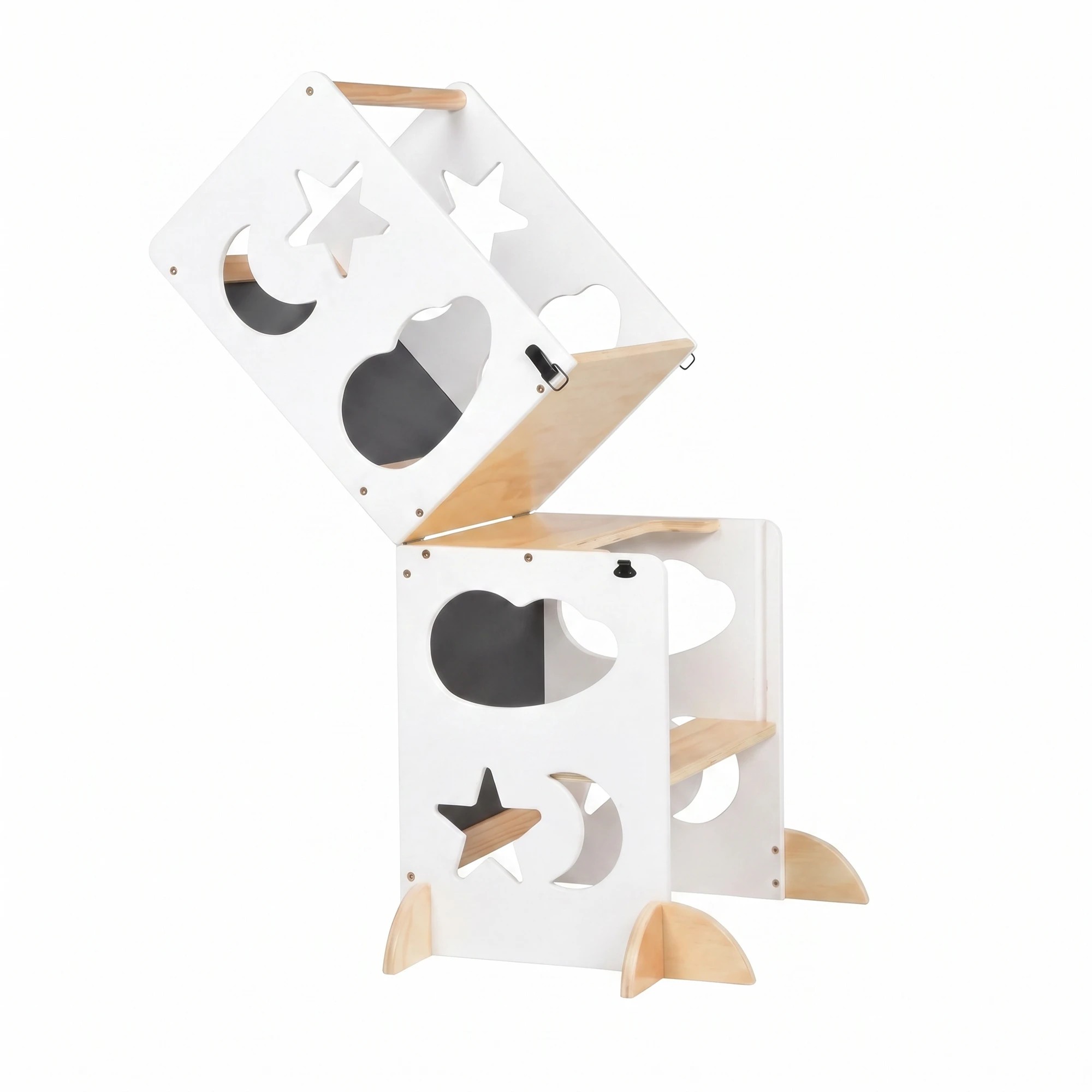 2 Advwin Toddler Kitchen Step Stool Helper w/ Double Blackboard & Safety Rail Foldable Standing Learning Tower - White, 2 of 7