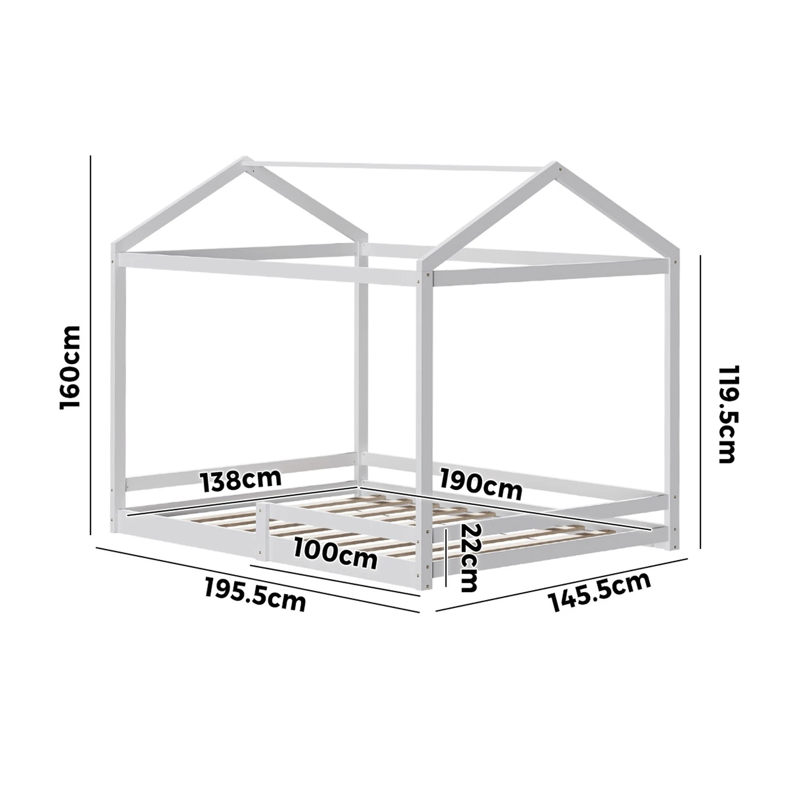 3 Oikiture Kids Wooden Bed Frame Timber House Beds Base With Fence Double
 - White, 3 of 10