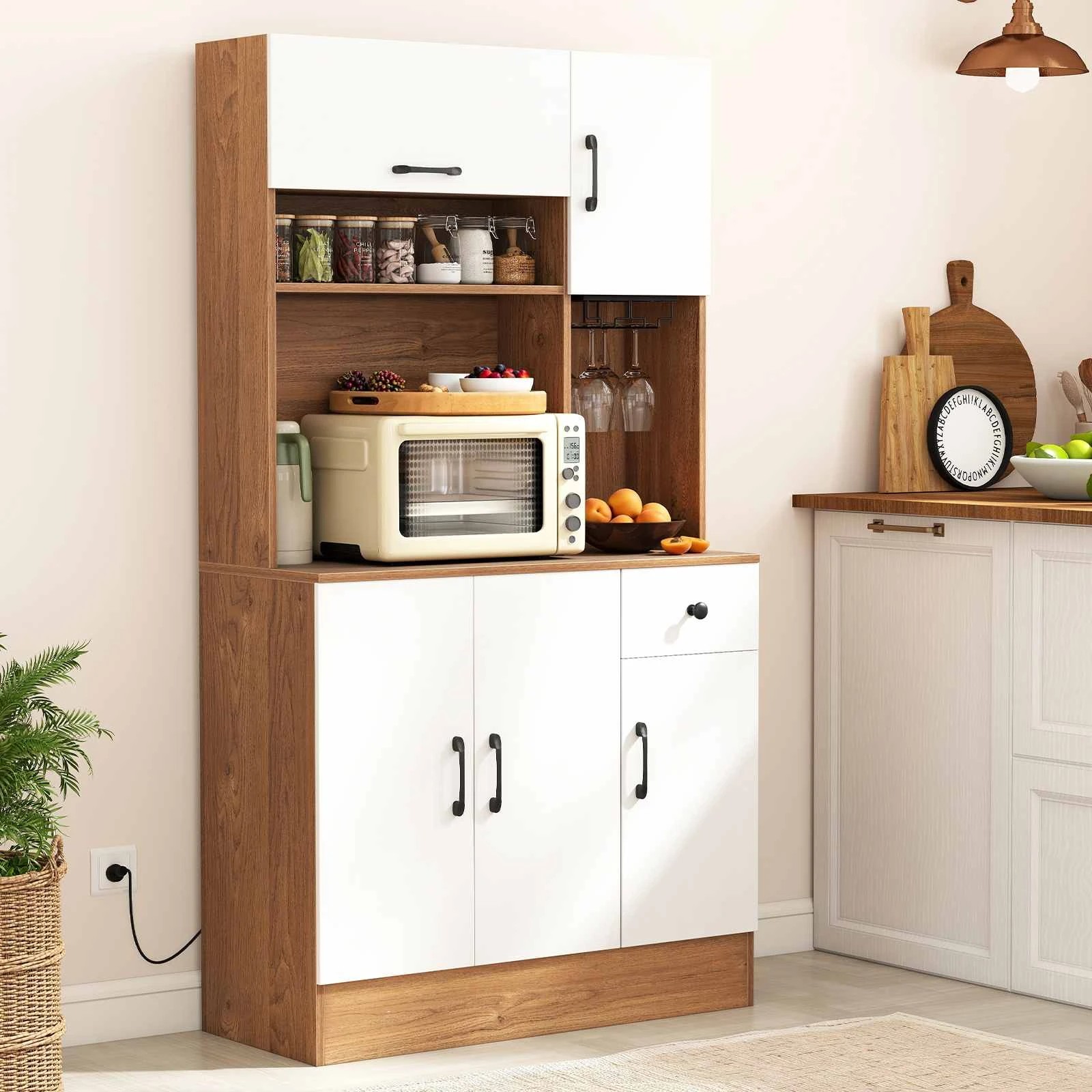 2 Costway 167cm Pantry Cupboard Buffet Sideboard w/Power Outlet - Natural, 2 of 4