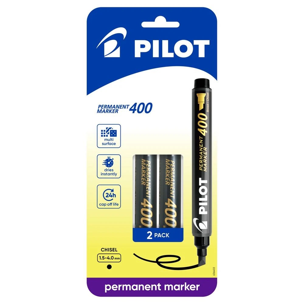 1 PILOT SCA400 Permanent Marker Chisel 1.5-4mm Black 2 Pack, 1 of 6
