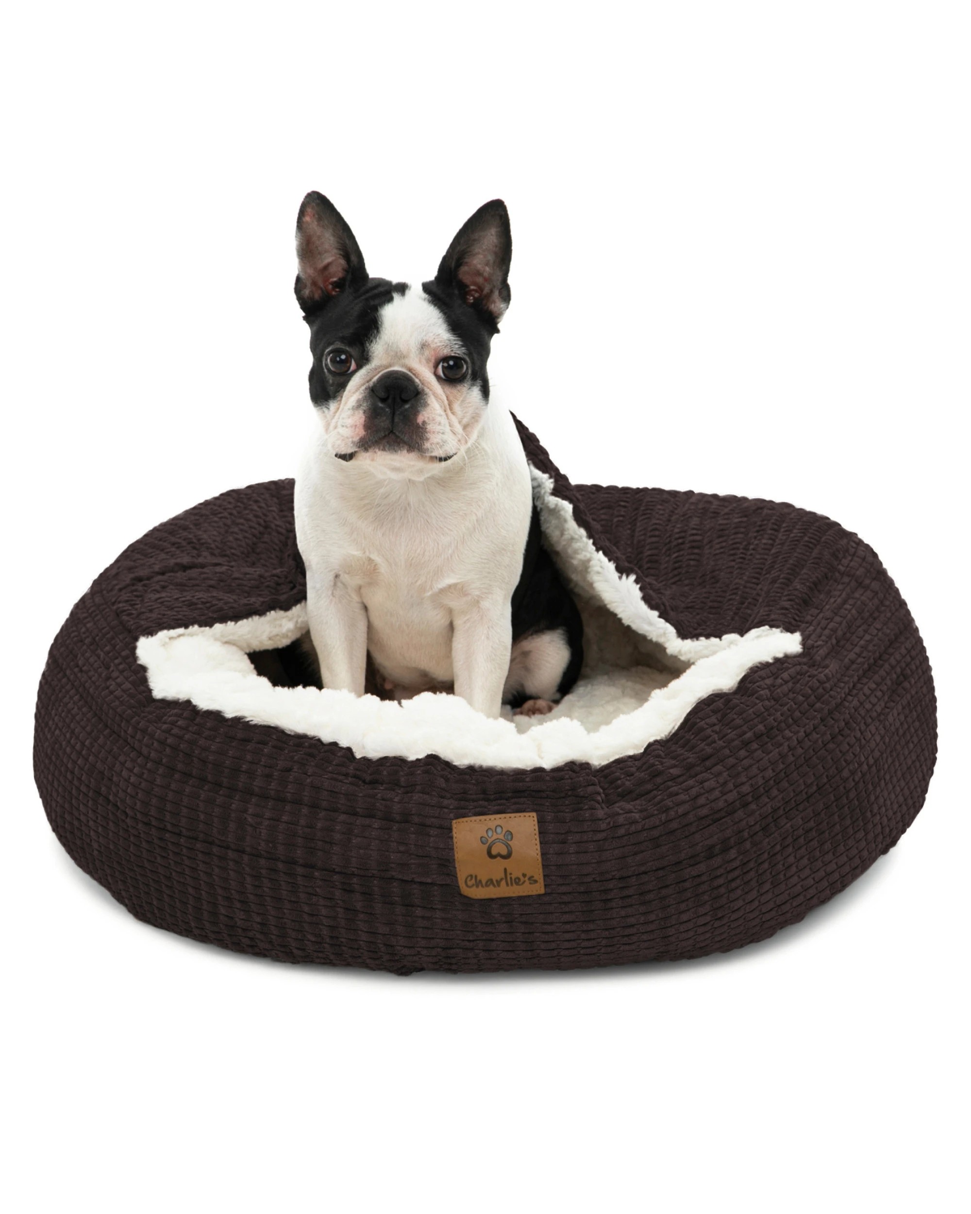 1 Charlie's Snookie Hooded Calming Dog Bed Small - Latte, 1 of 9