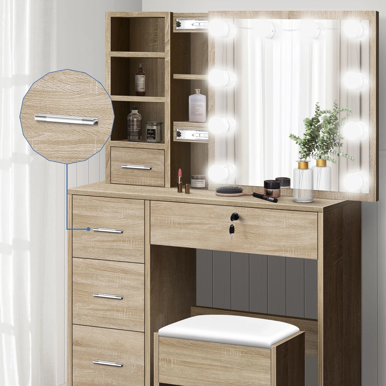 2 Alfordson Dressing Table Stool Set Makeup Vanity Desk LED 10 Bulbs - Oak, 2 of 10