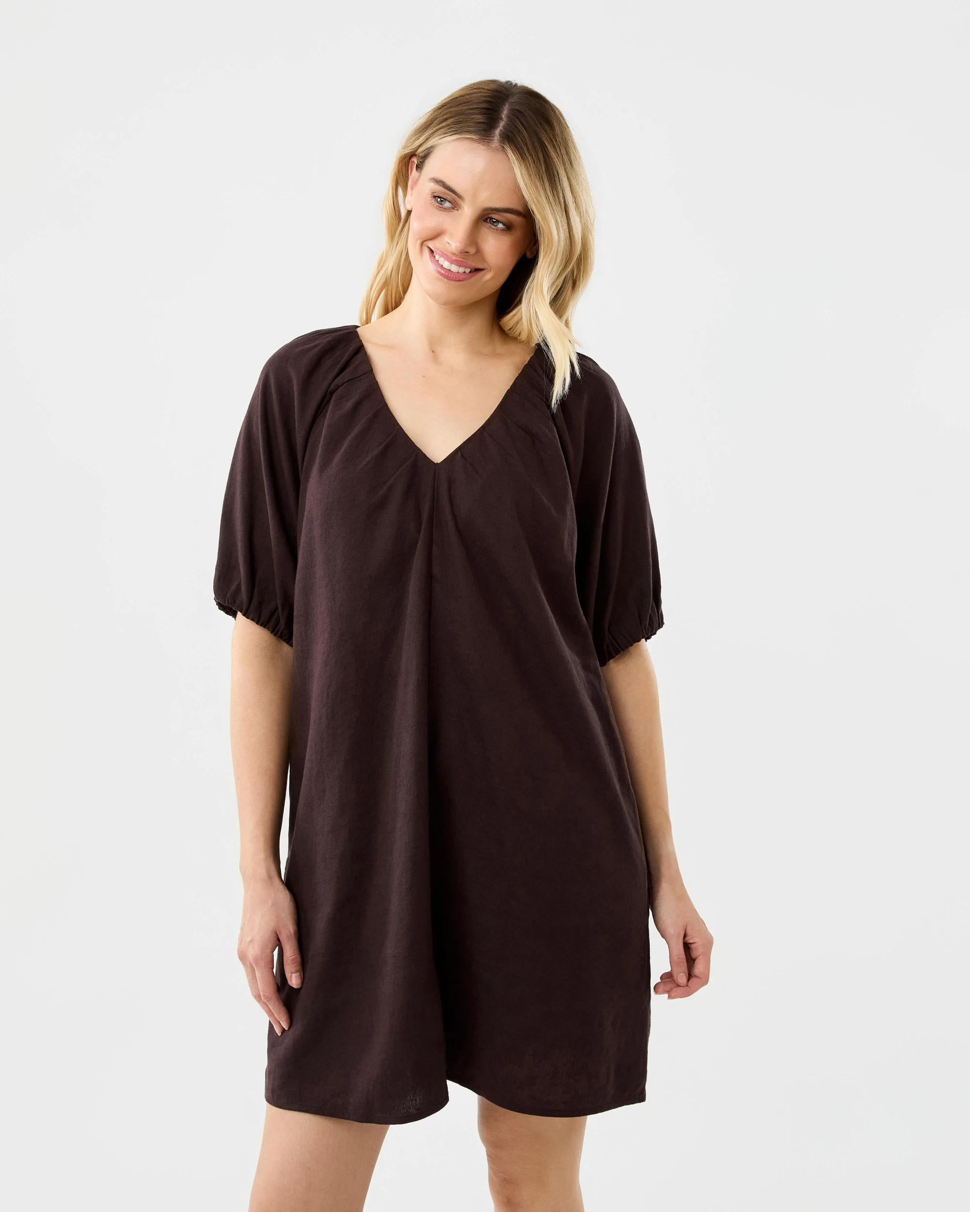 1 Short Sleeve Linen Blend Puff Sleeve Mini Dress Cbean, 1 of 8