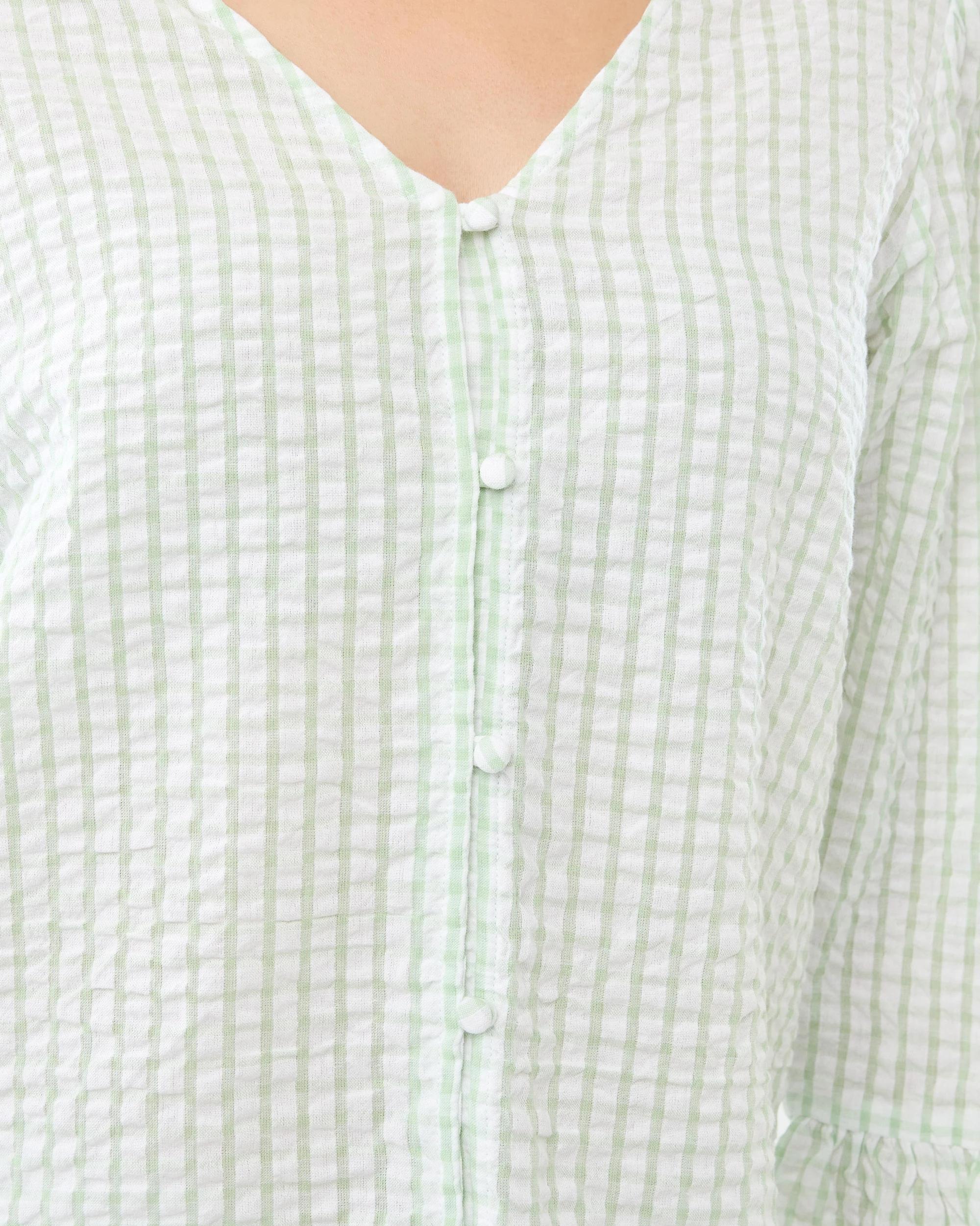 6 Yarn Dyed Cotton Seersucker Woven Frill Pyjama Set Gingham, 6 of 9