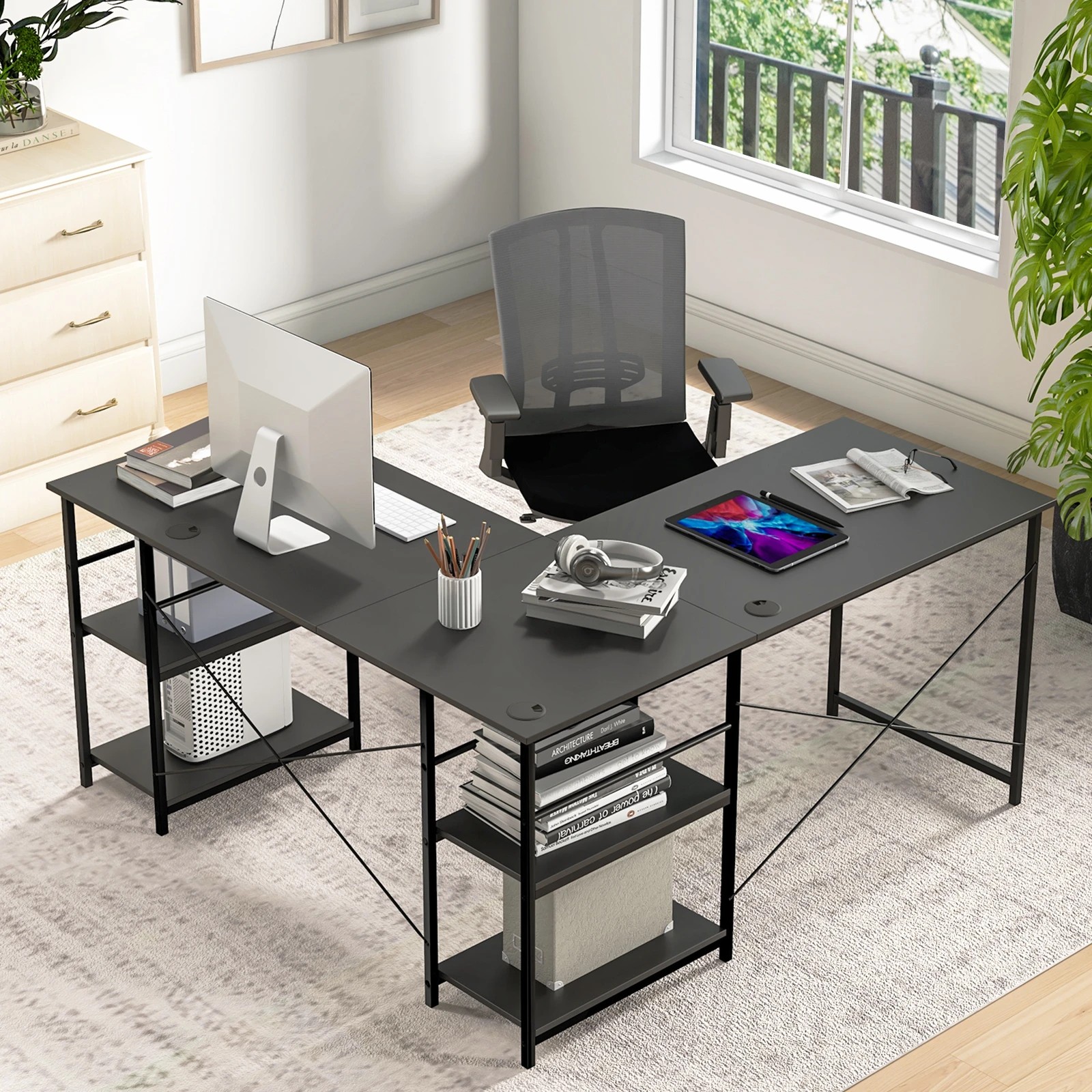 4 Costway L-shaped Computer Desk 2-Person Convertible Corner Desk w/Storage Shelves, 4 of 4
