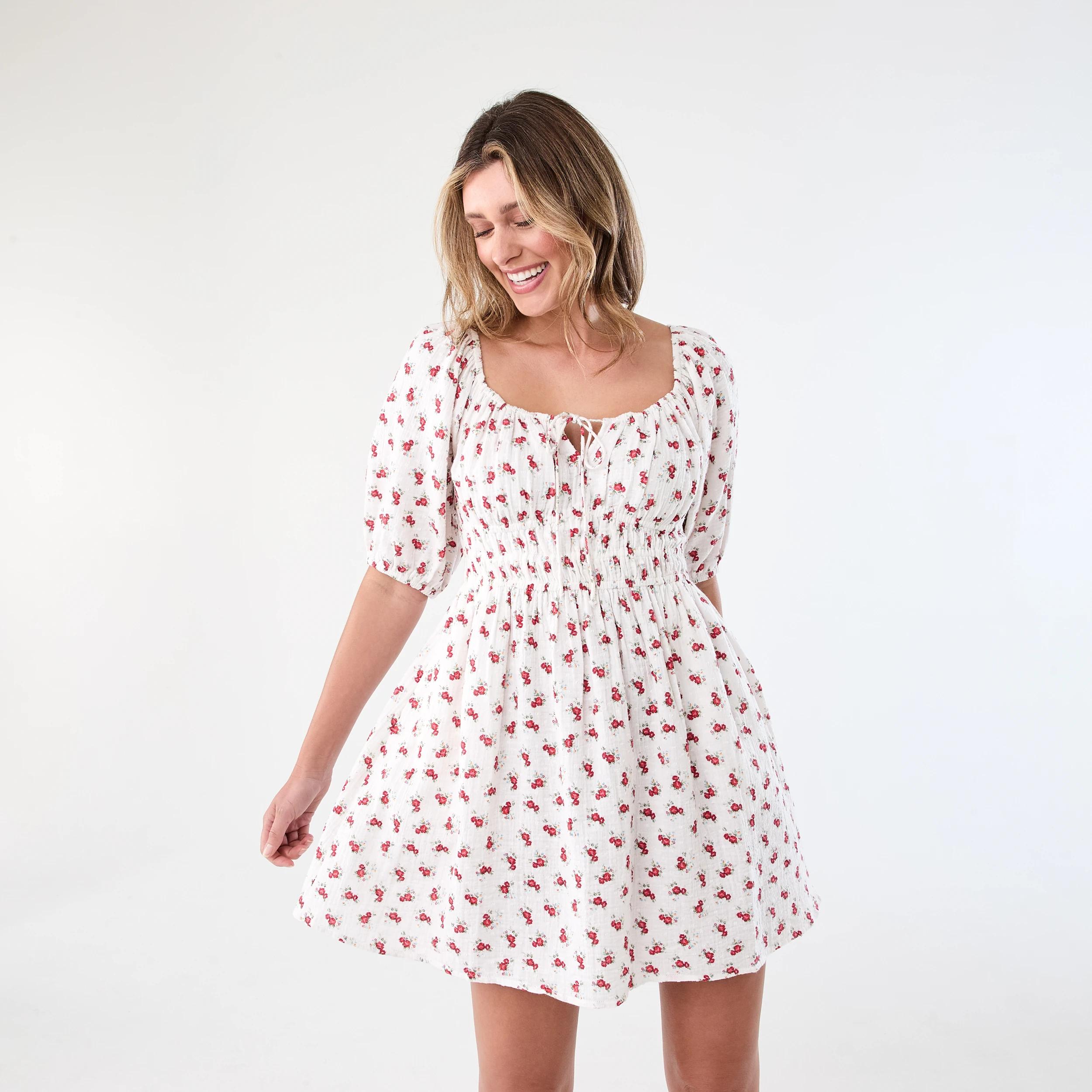 1 Short Puff Sleeve Mini Dress Rose Ditsy, 1 of 9