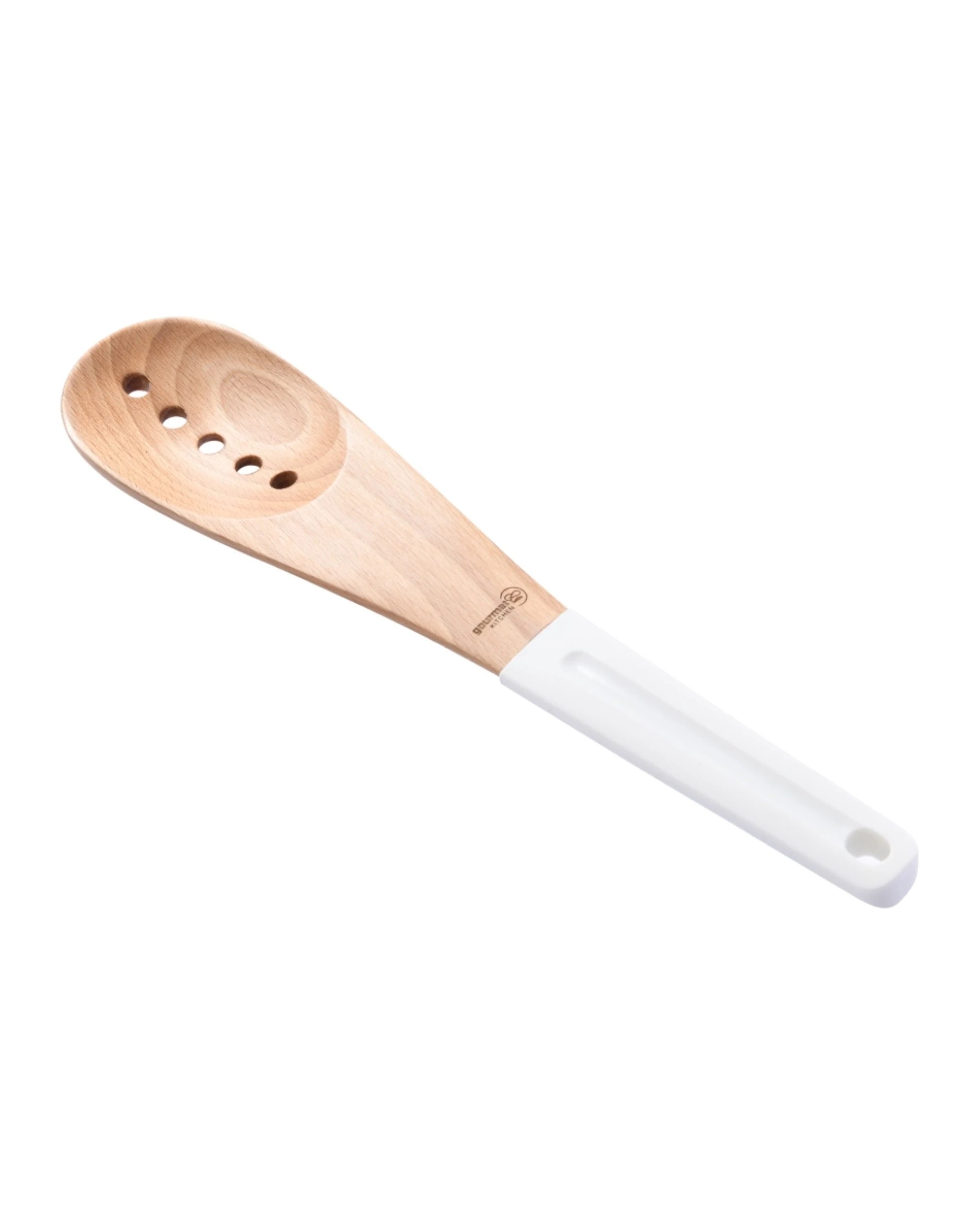 1 Gourmet Kitchen Rustic Beech Wood Slotted Spoon with Silicone Grip - White, 1 of 9