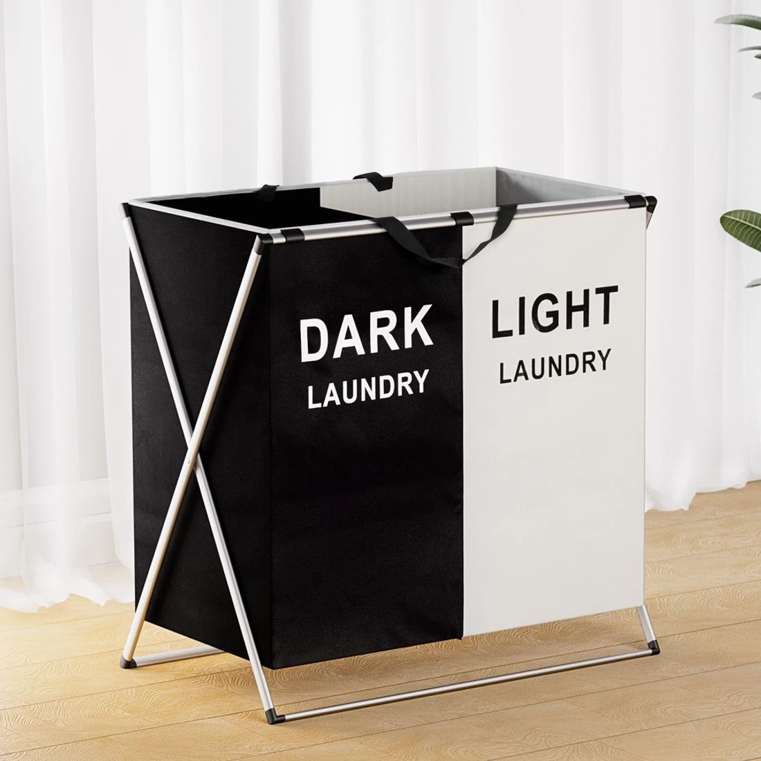 3 Artiss Laundry Basket Hamper Large Foldable Washing Clothes Storage 2 Sections - Black, 3 of 5