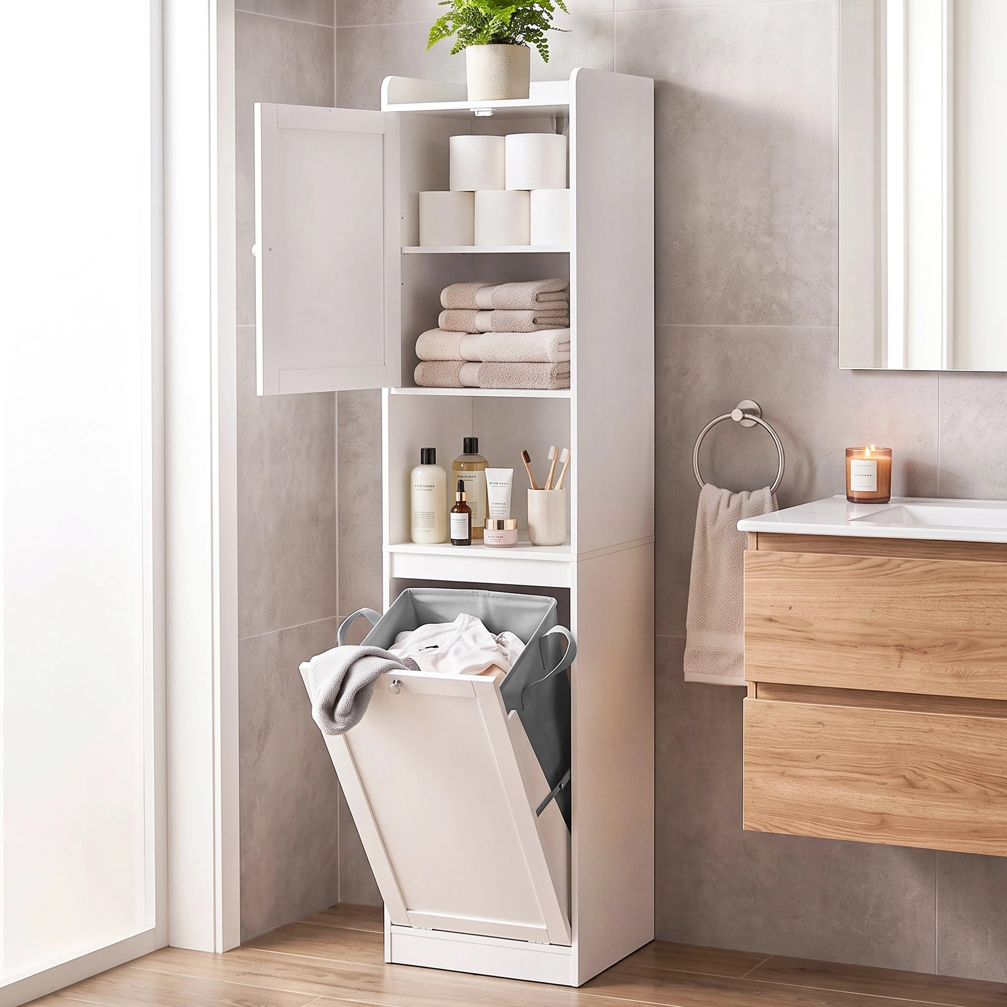6 Artiss Tall Bathroom Storage Cabinet with Tilt Out Laundry Hamper 170cm- White, 6 of 10