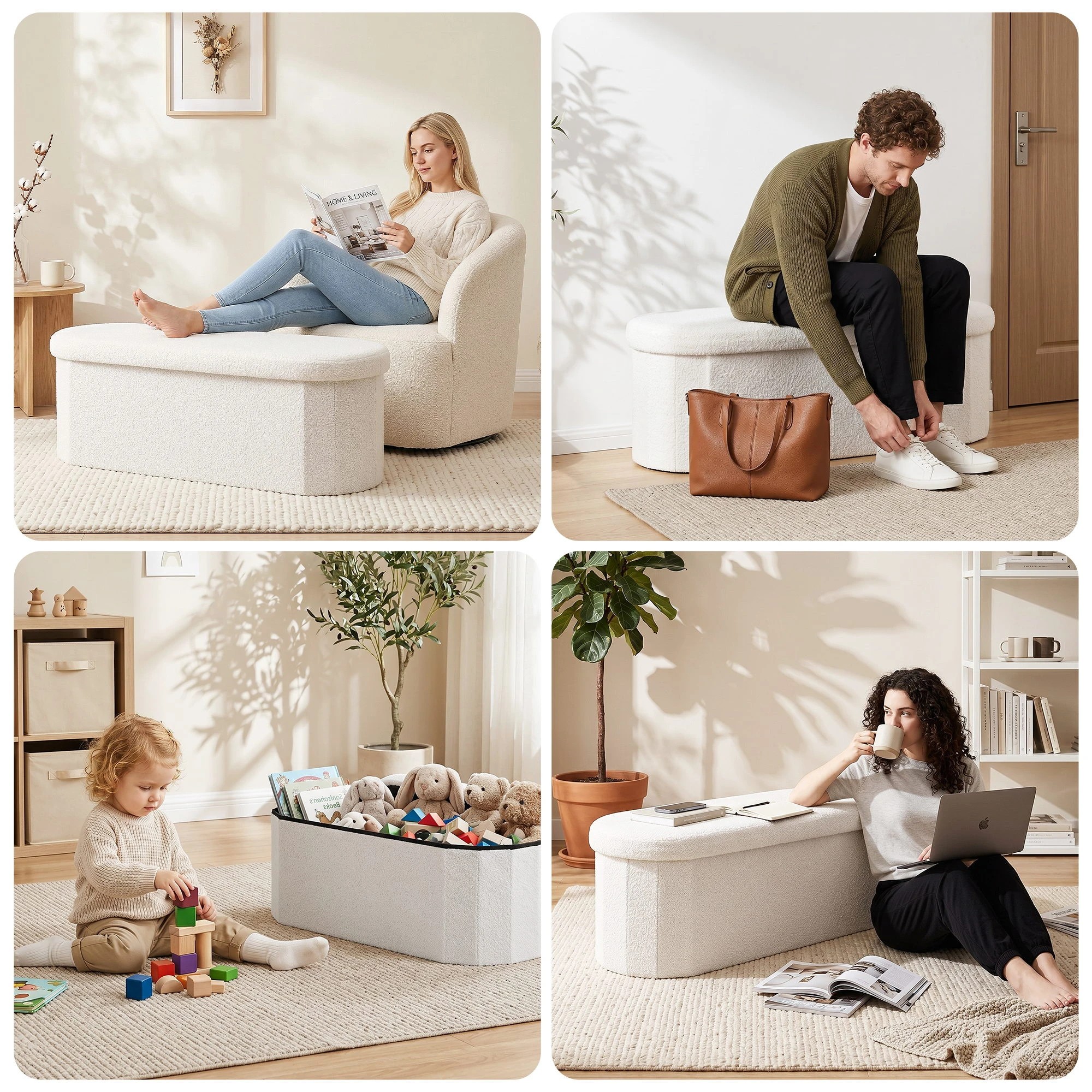 6 Artiss Storage Ottoman Foot Stool Rest Boucle Fabric Foldable - White, 6 of 7