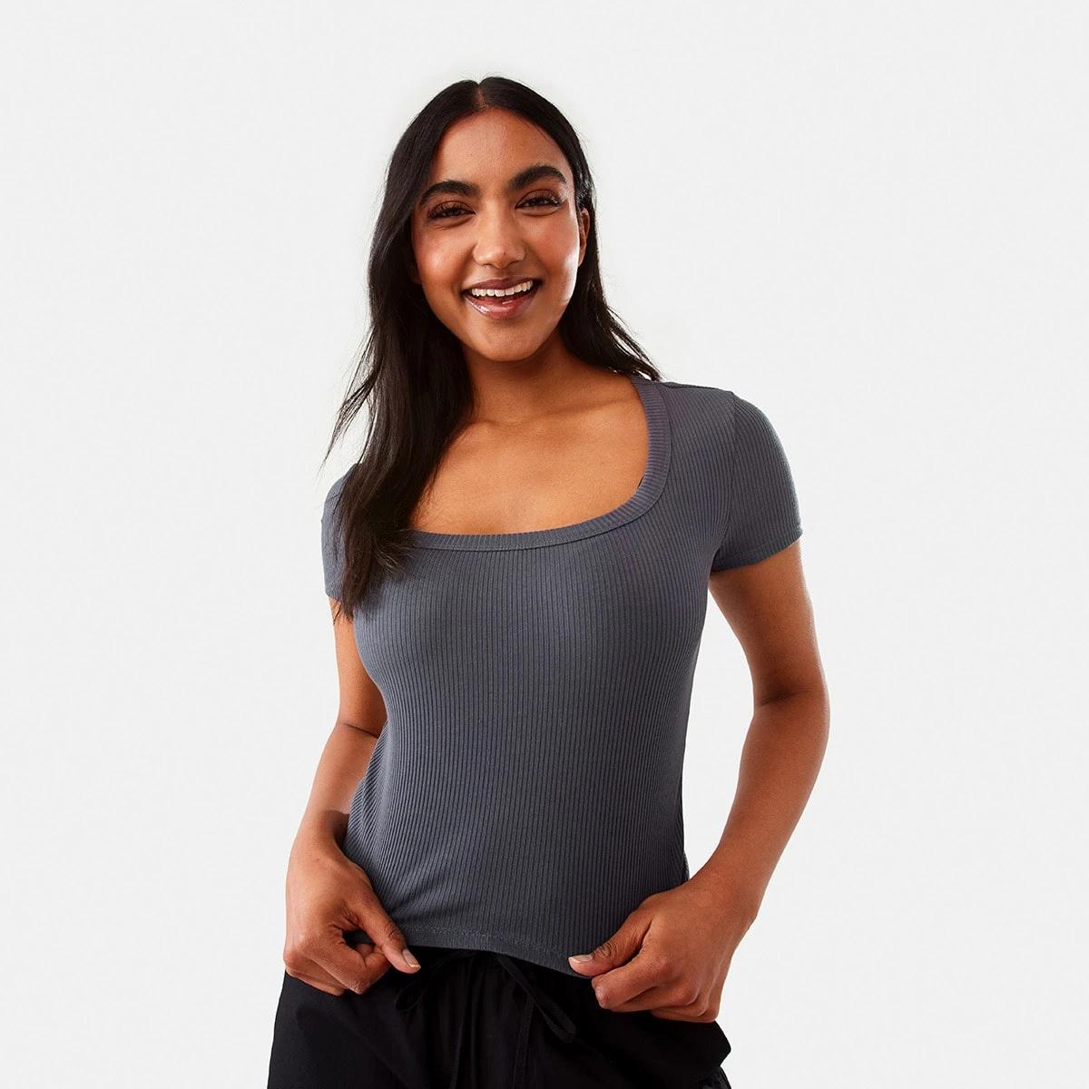 1 Short Sleeve Ribbed Square Neck T-shirt Lead Grey, 1 of 9