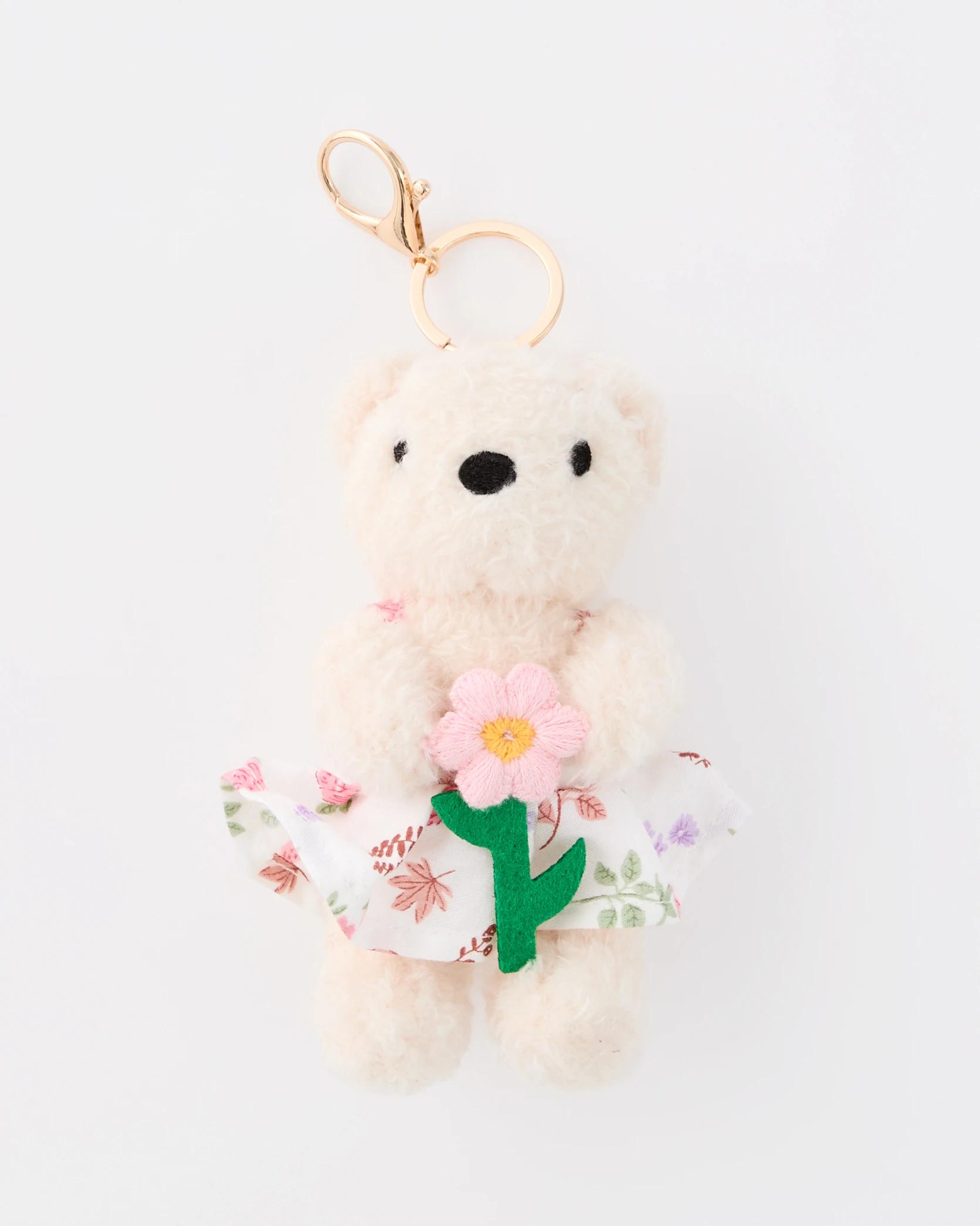2 Flower Bear Charm Keyring - Beige and Gold Tone Beige, 2 of 4