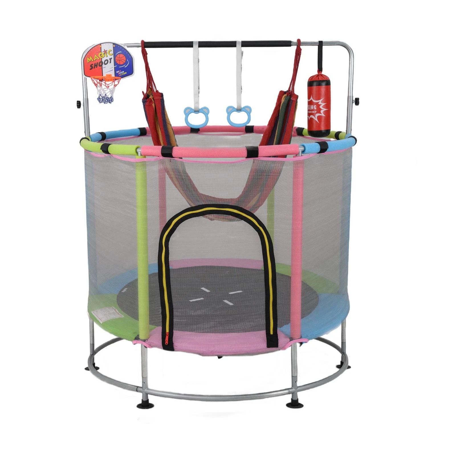 1 Costway Kids Trampoline w/Punching Bag & Adjustable Gym Bar & Rings - Pink, 1 of 1
