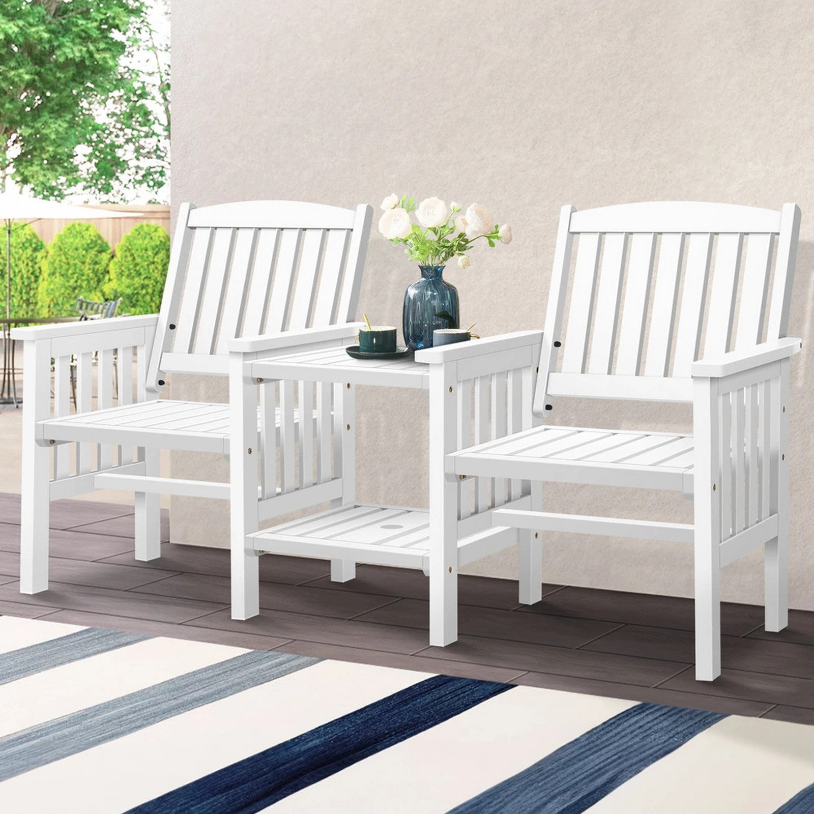 10 Alfordson Outdoor Garden Bench Wooden Loveseat Patio Chairs Table Set - White, 10 of 10