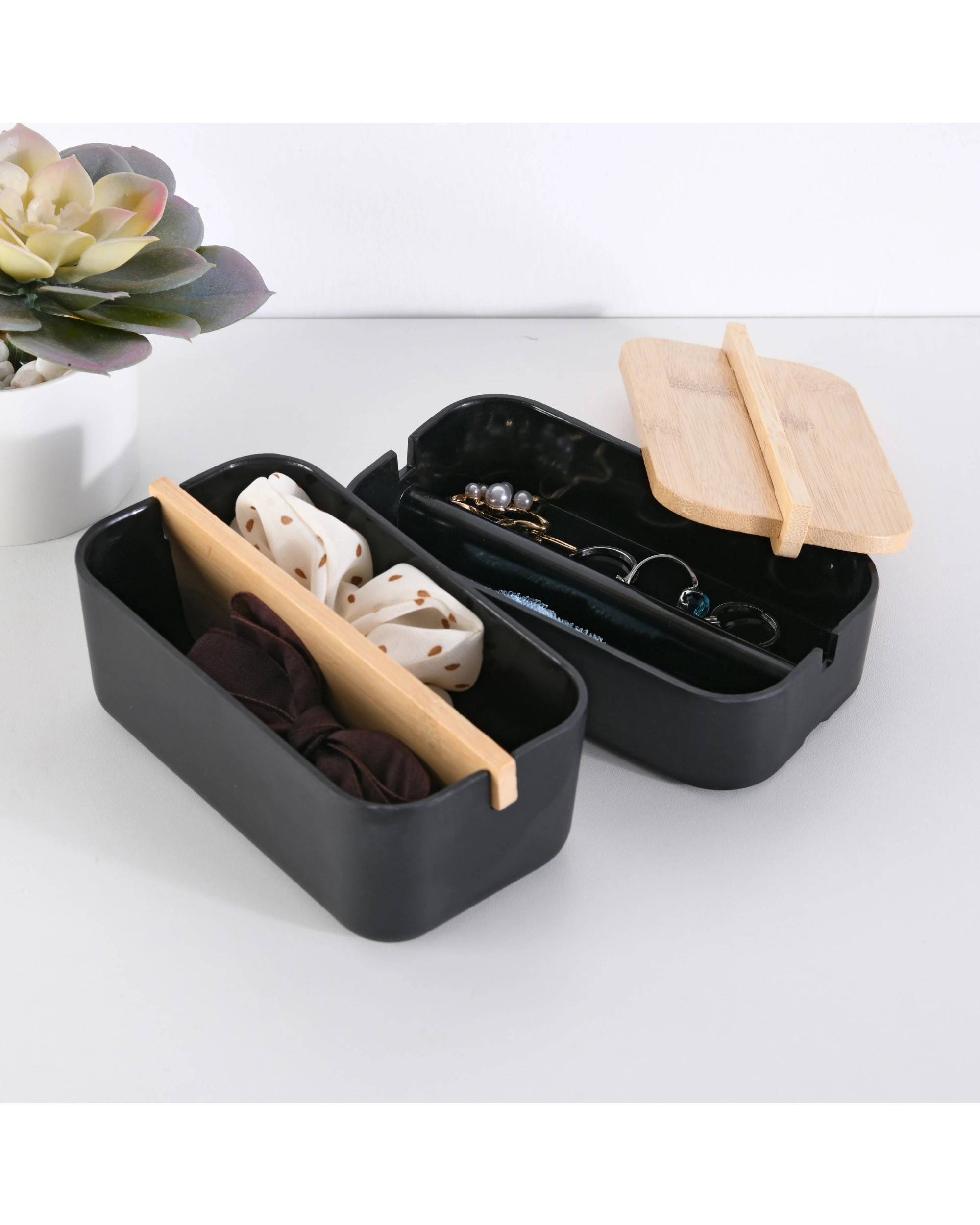 2 Takara Takae Bamboo Double Layer Jewellery Box - Black, 2 of 7