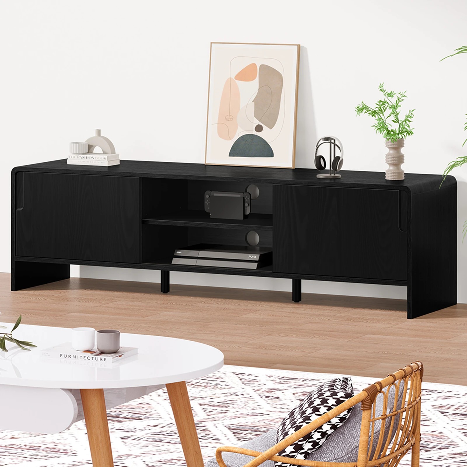 2 Alfordson Entertainment Unit TV Cabinet Stand 150cm Storage Sliding Doors Shelf - Black, 2 of 10