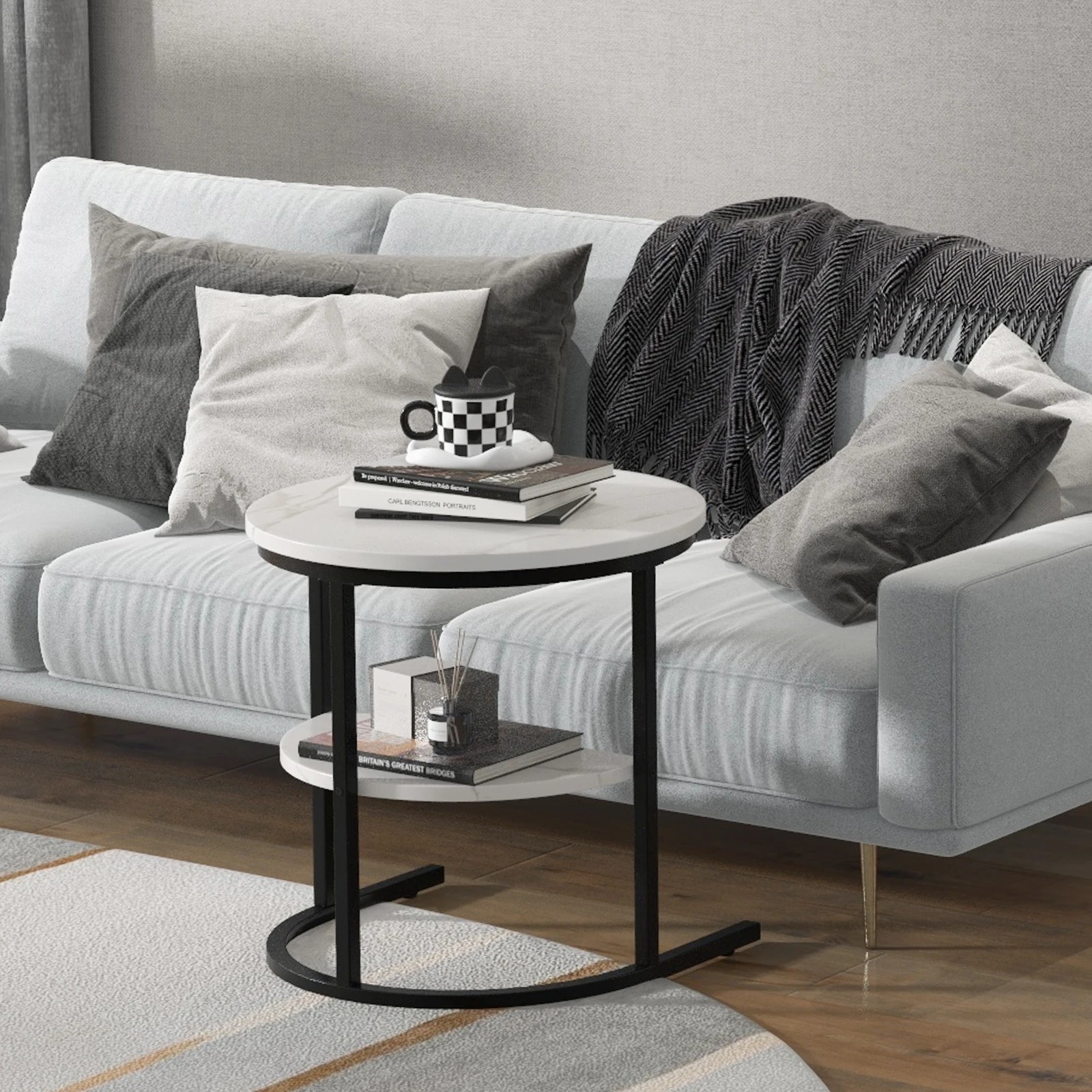 5 Costway Coffee Table Nesting Set of 2 w/Faux Marble Tabletop Stacking Side Table - Black, 5 of 6