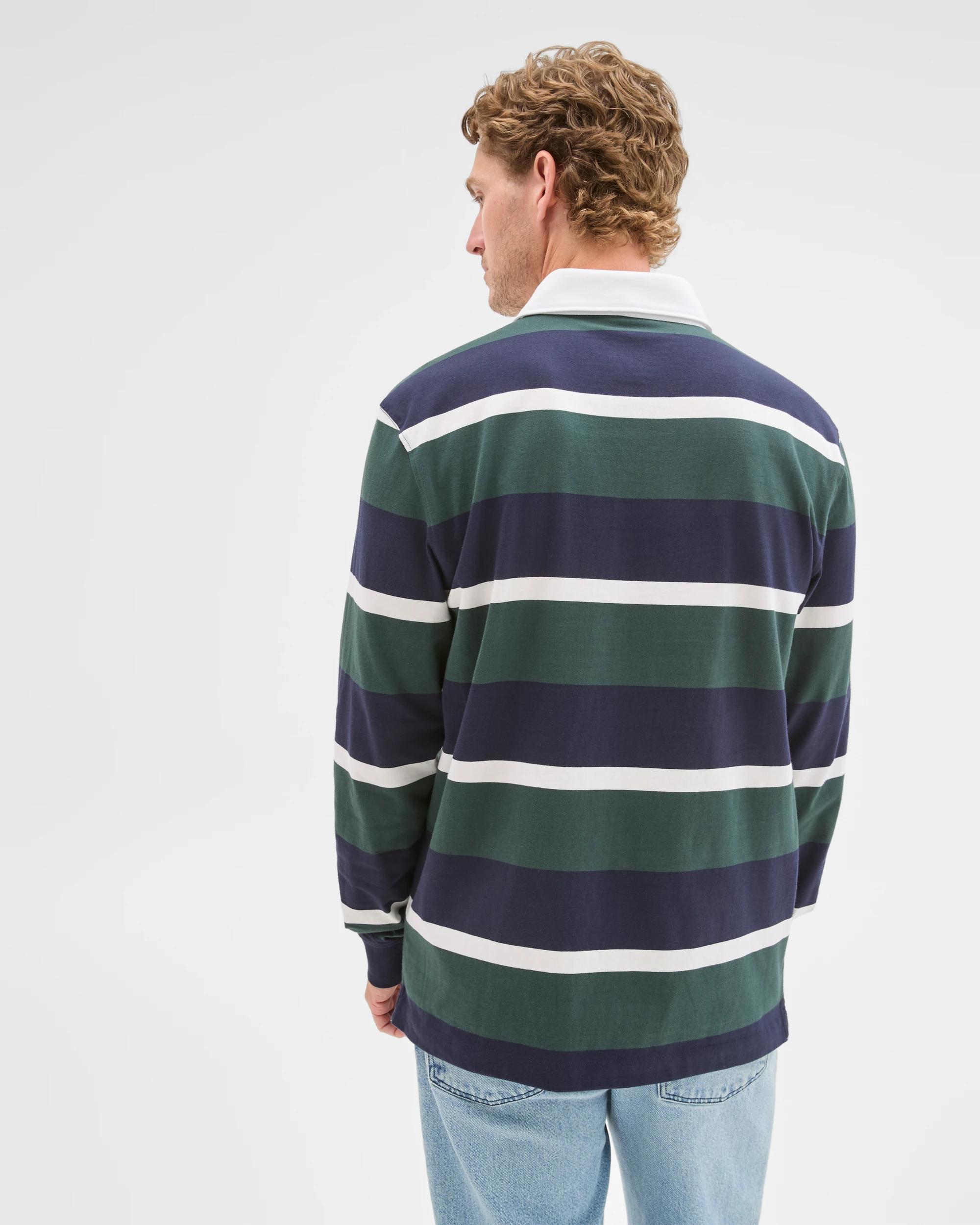 8 Target Man Australian Cotton Long Sleeve Rugby Polo Top NAVY GREEN STRIPE, 8 of 9