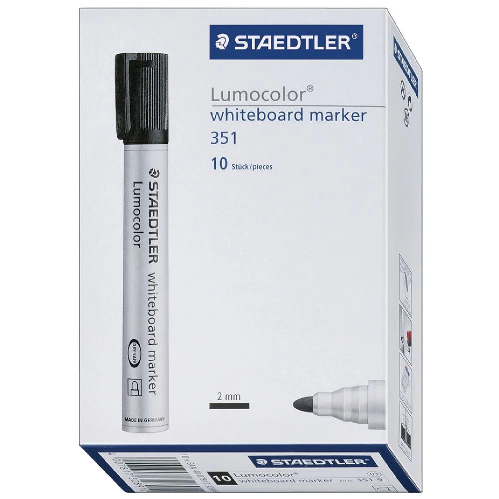 3 Staedtler Lumocolor Whiteboard Markers Bullet Black 10 Pack, 3 of 10