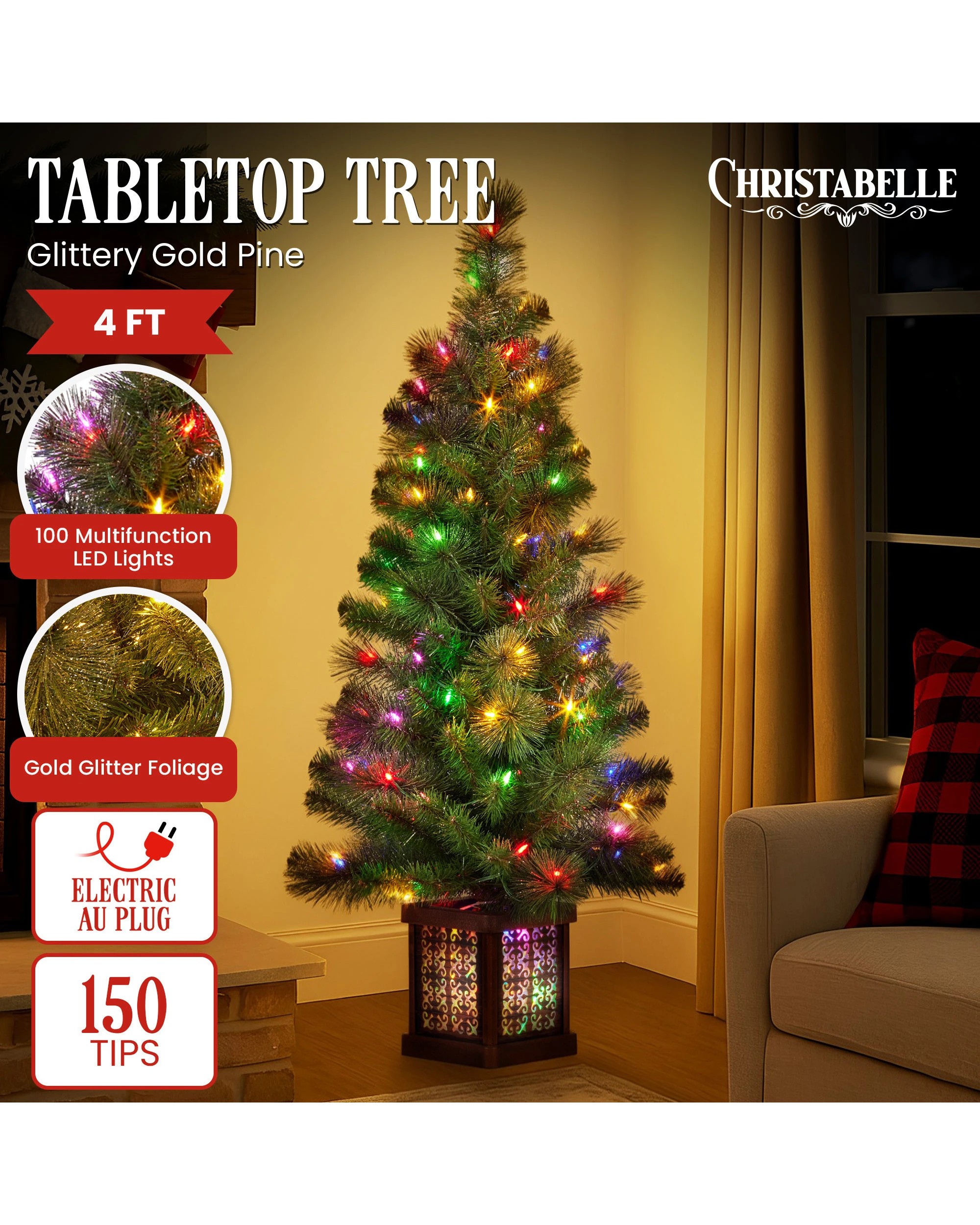 2 Christabelle 4ft Christmas Tree Glittery Gold Pine Foliage Led Multi Lights Xmas Decor, 2 of 7