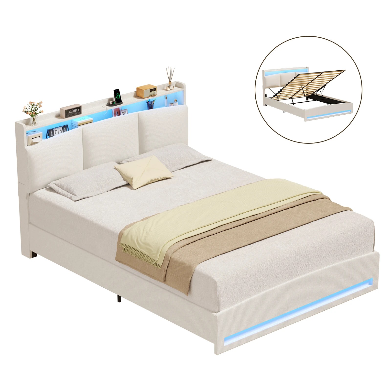 1 Advwin Double Gas Lift Storage Bed Frame with Charging Station - Beige, 1 of 8