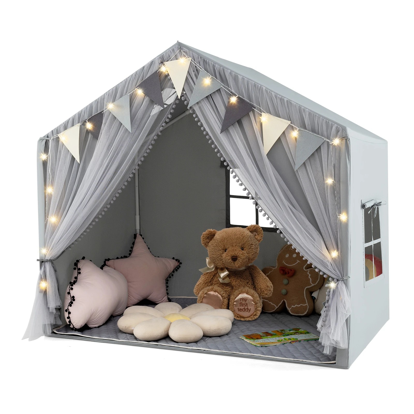1 Costway Skin-Friendly Large Play Tent House w/Curtains - Grey, 1 of 1
