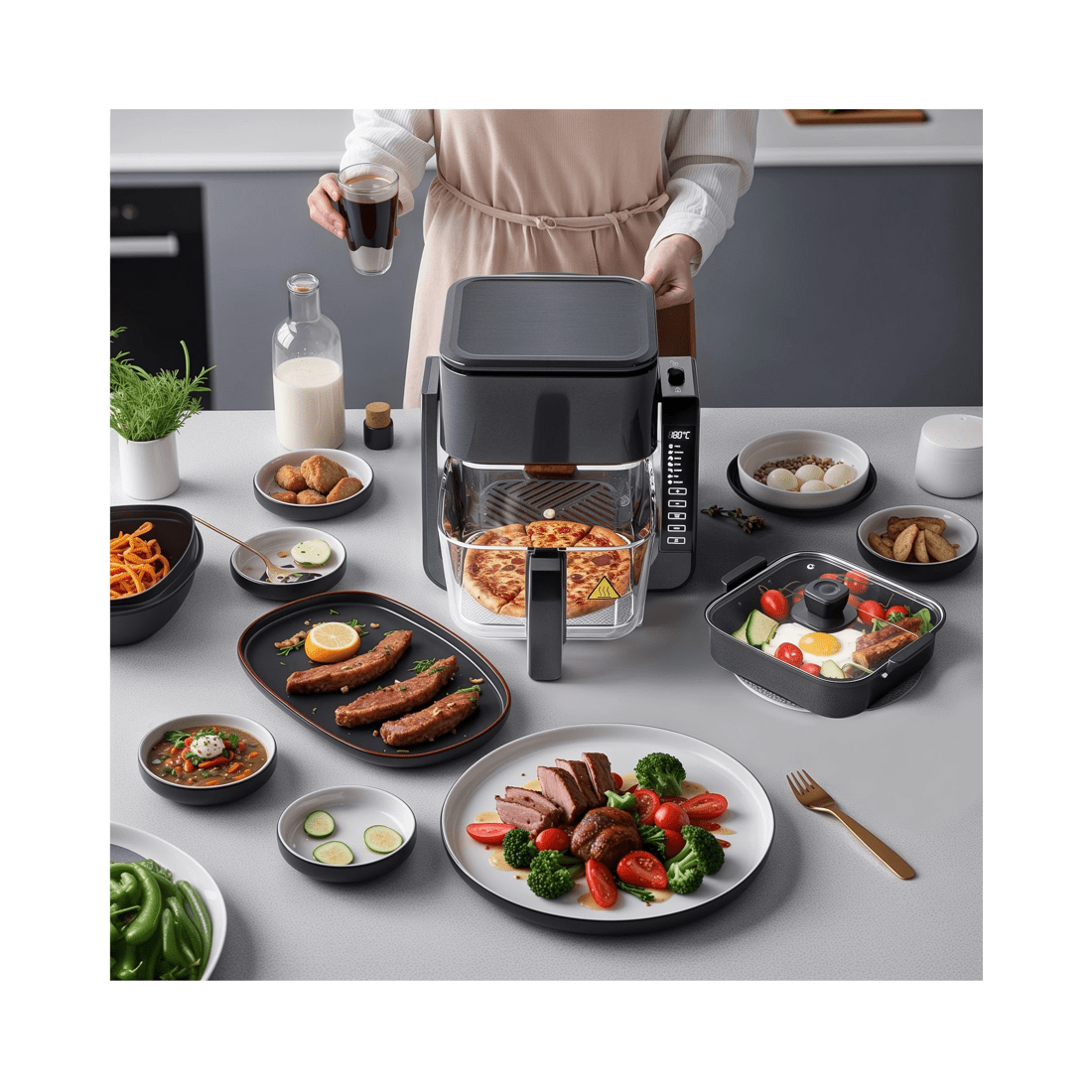 6 Advwin Dual Zone Air Fryer & Bbq Grill | Oil-less Top Grill & Bottom Fryer, 6l Digital Touch Screen Cooker, Grey, 6 of 9