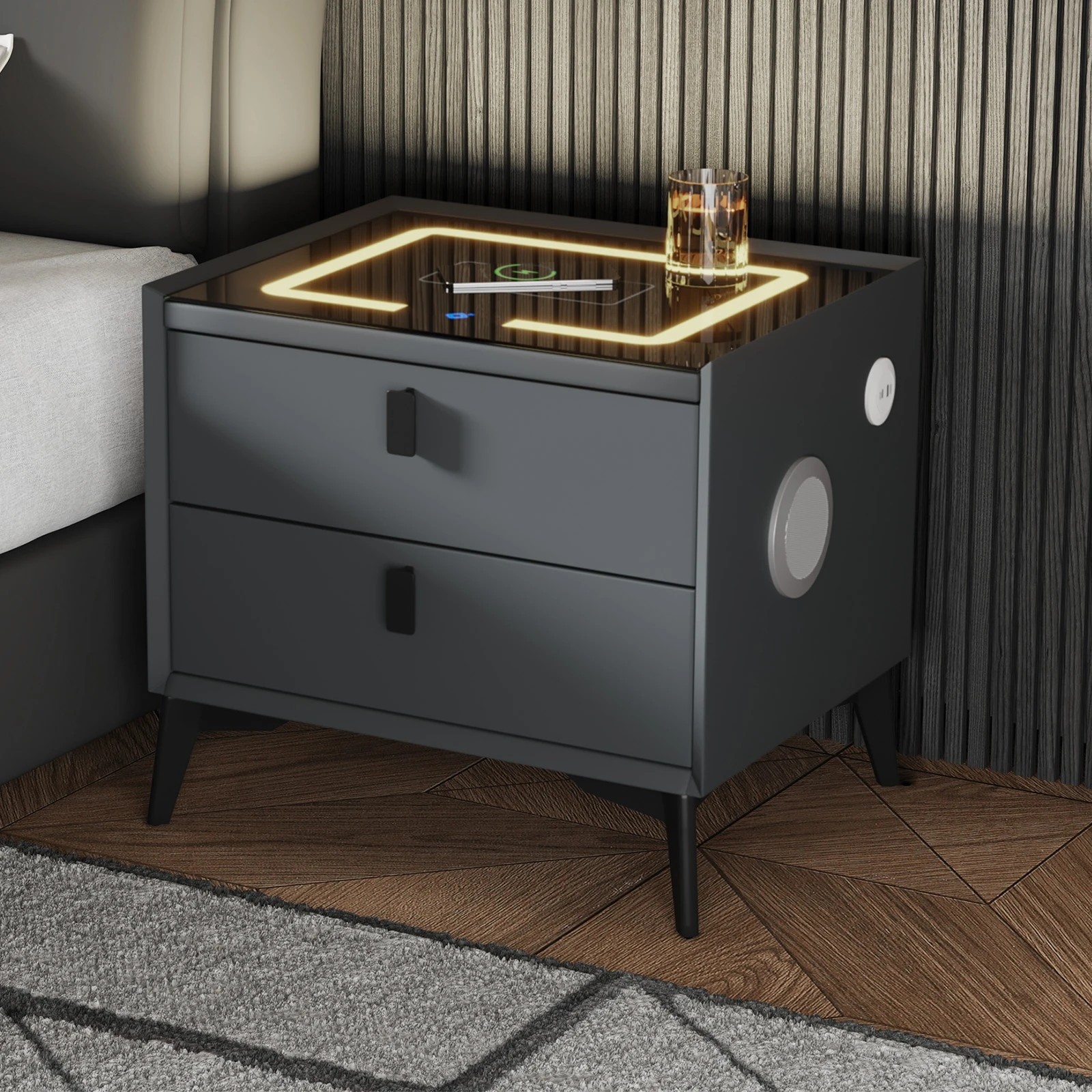 2 Oikiture Smart Bedside Table Wireless Charging Led 2 Drawers Nightstand
 - Grey, 2 of 10