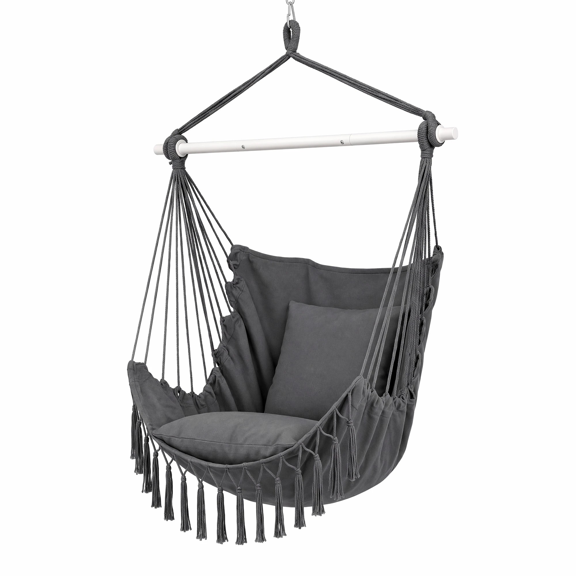 1 Gardeon Hammock Chair Camping Macrame Hanging Swing with Cushions Tassels 120kg Capacity - Grey, 1 of 8