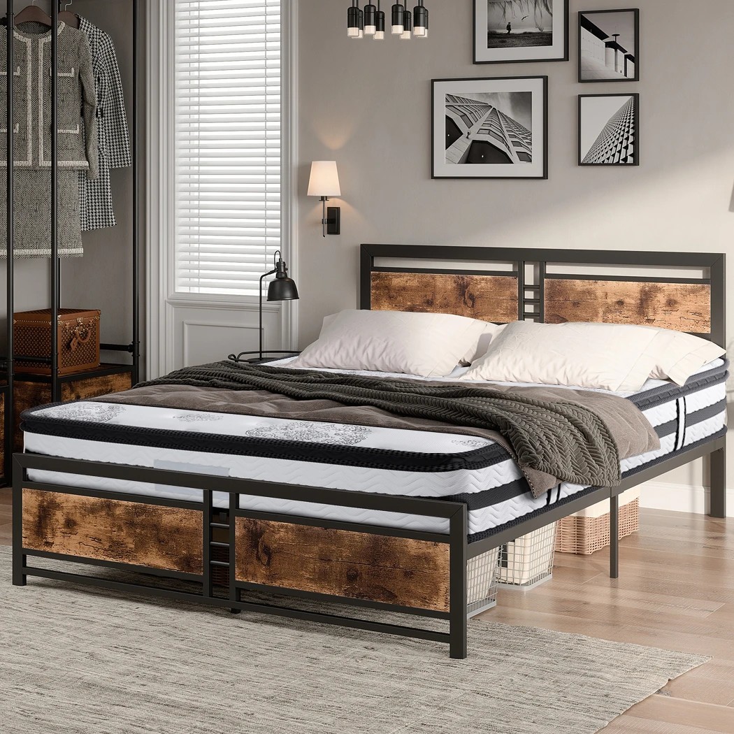 3 Metal Industrial Queen Bed Frame Spring Mattress Base Set HD 35cm Foam Brown, 3 of 3